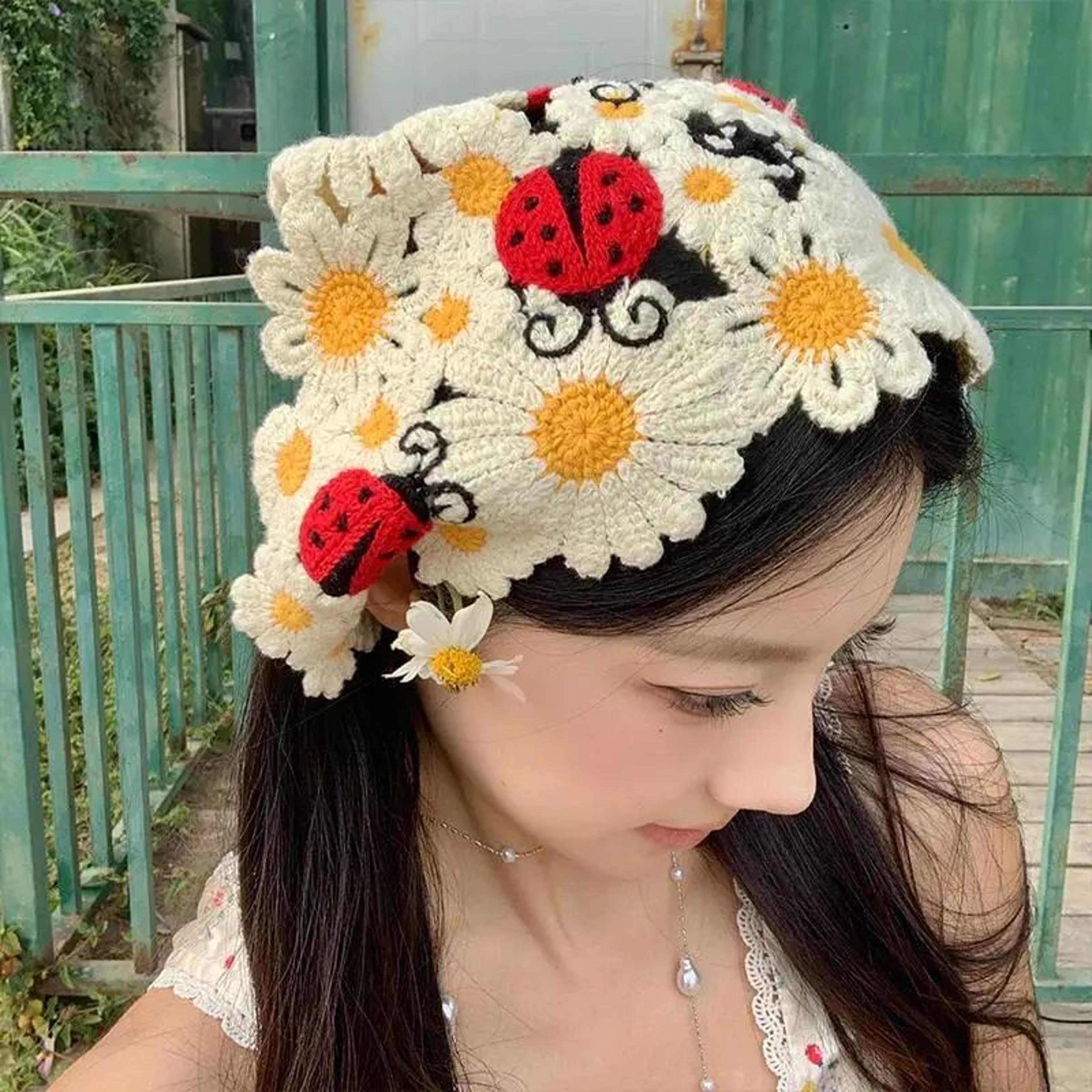 Crochet Flower Triangle Hair Scarf 6