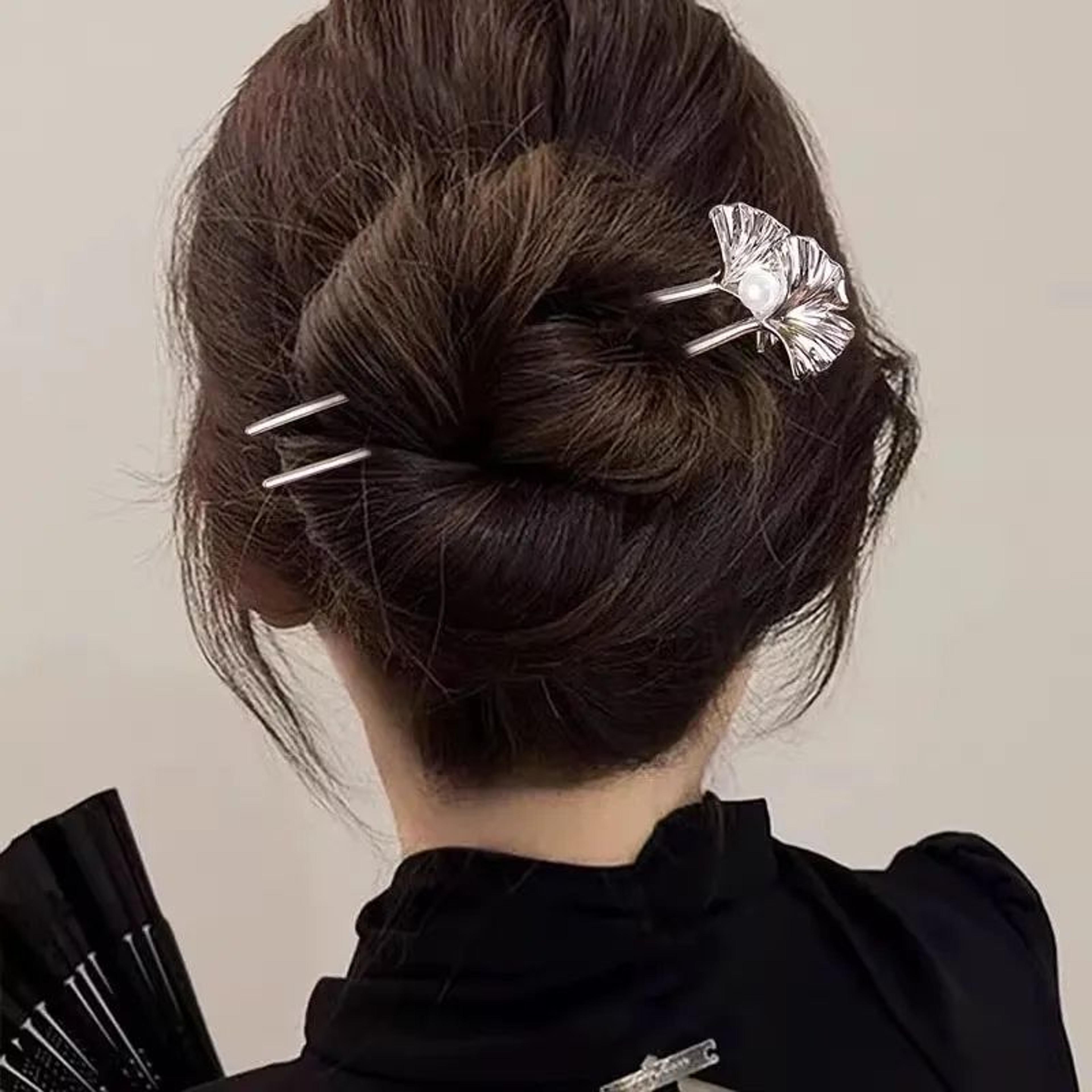 Pearl Ginkgo Leaf Metal Hair Fork 2