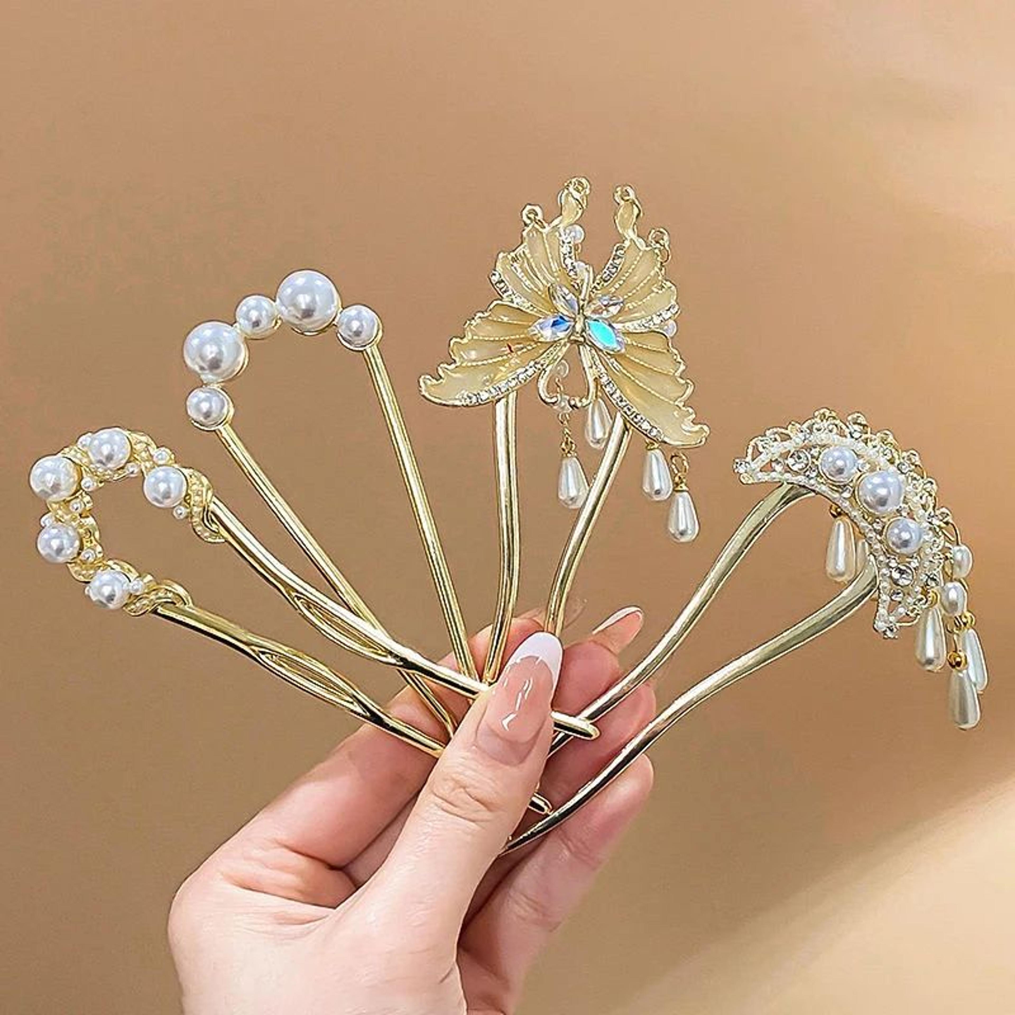 5 Piece Butterfly Pearl Metal Hair Fork Set 4