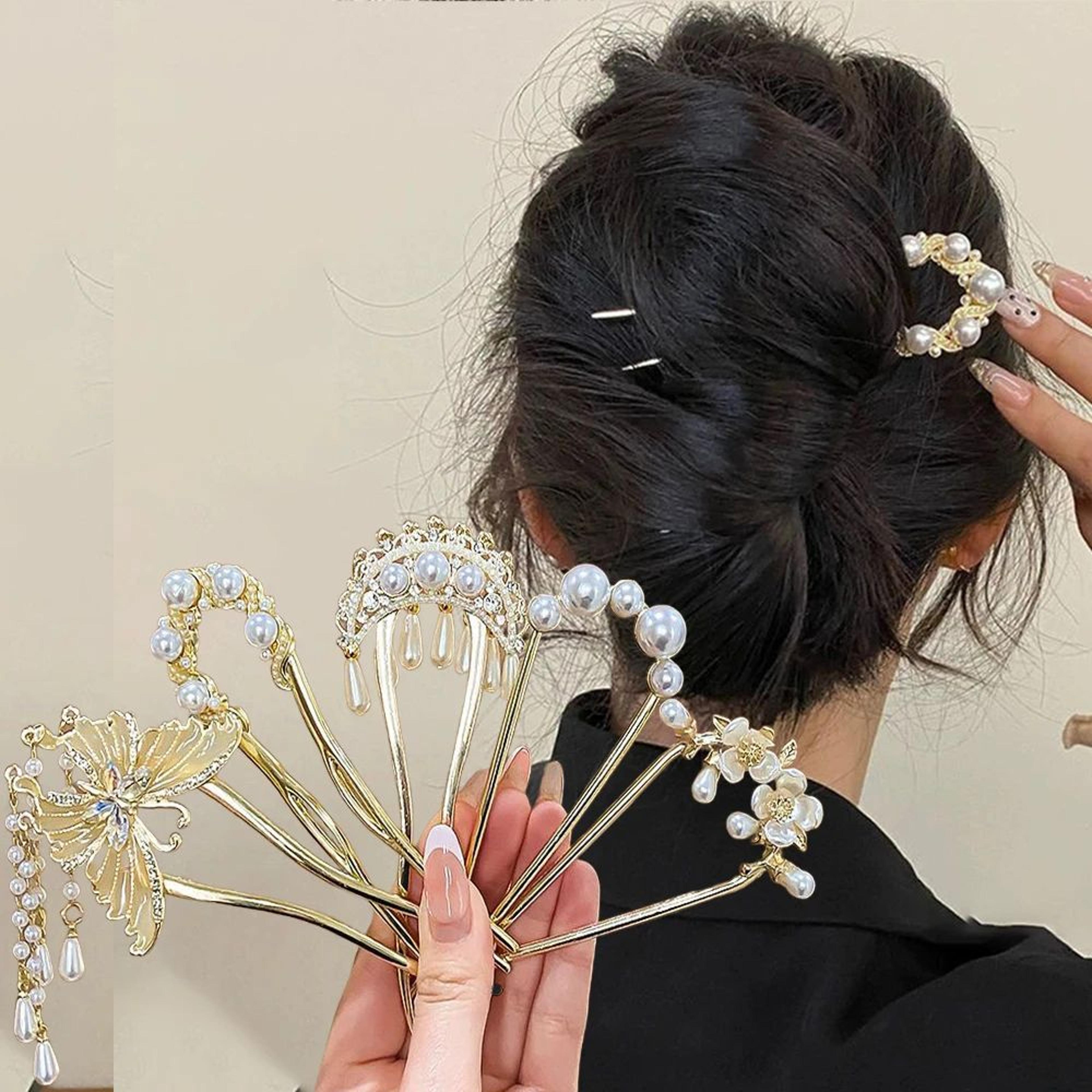 5 piece butterfly pearl metal hair fork set