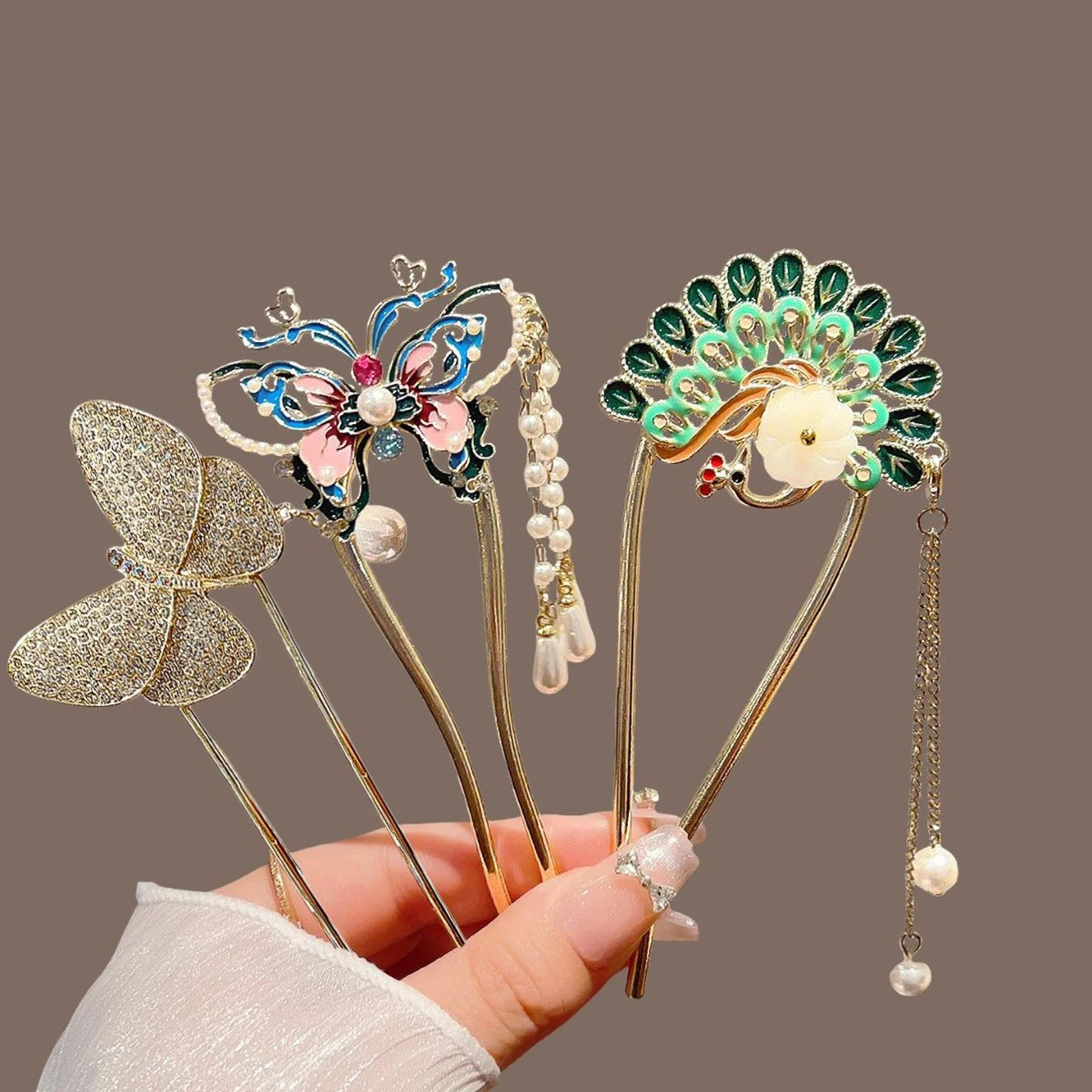 pearl butterfly tassel hair fork