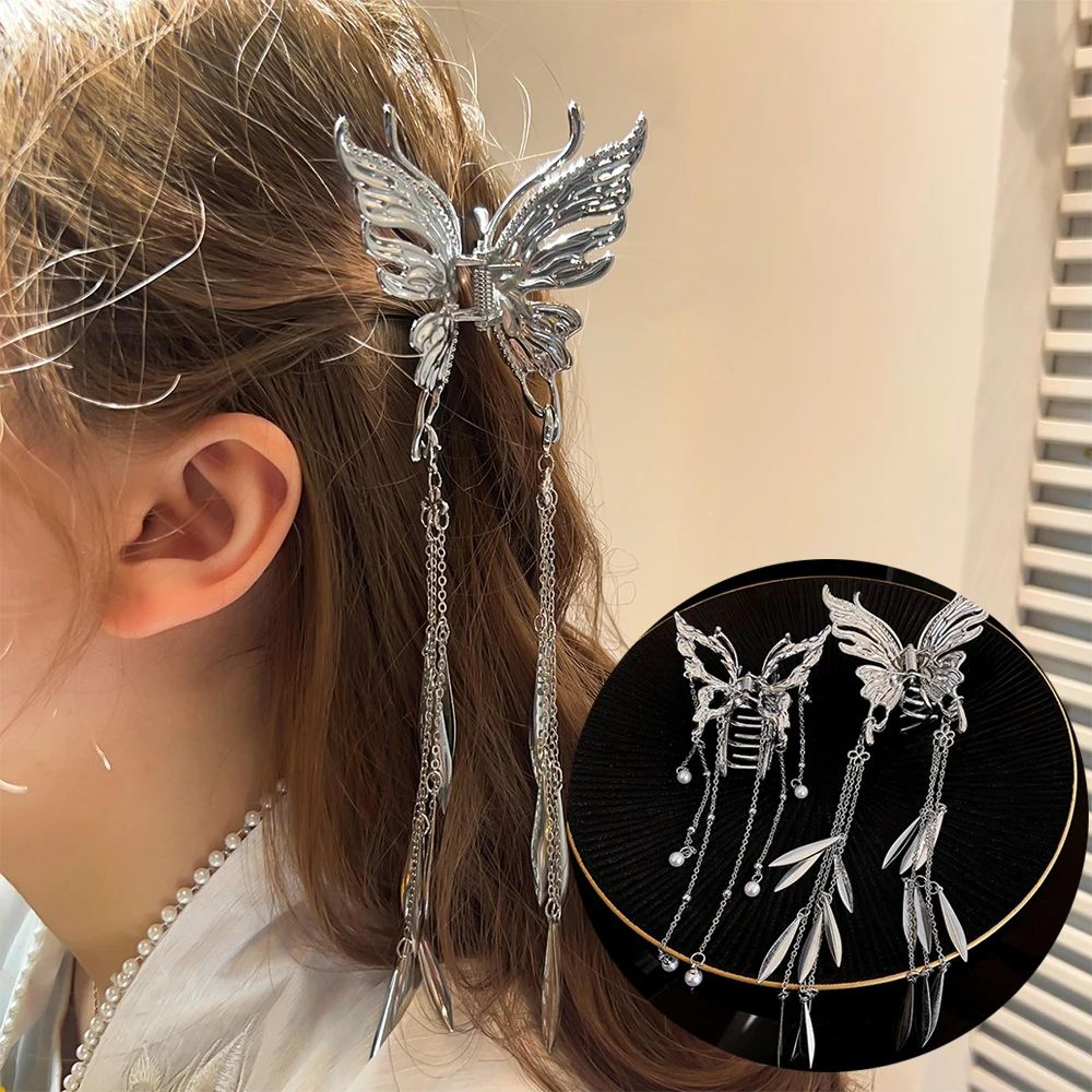 butterfly pearl tassel hair claw