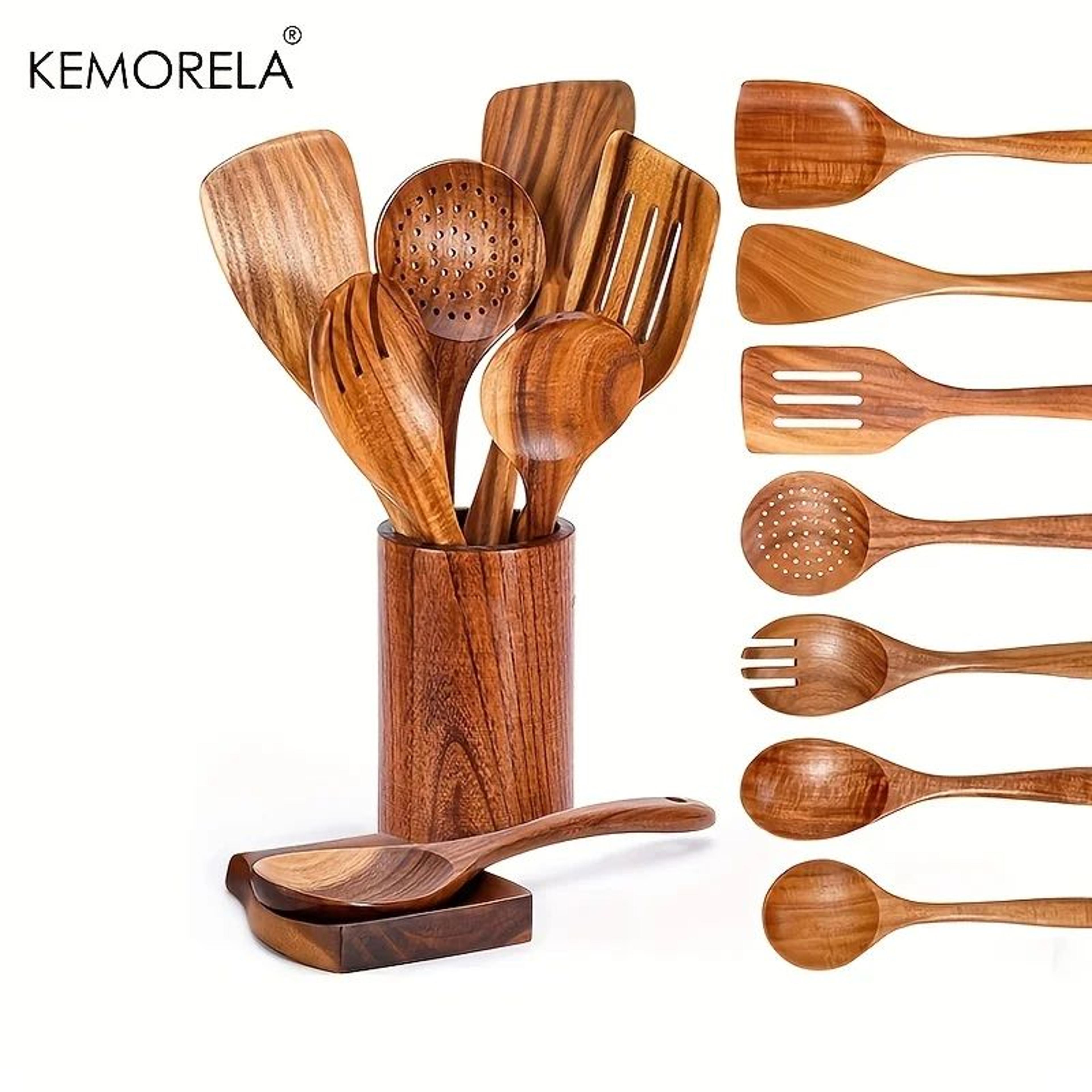 9 piece teak wooden kitchen utensil set