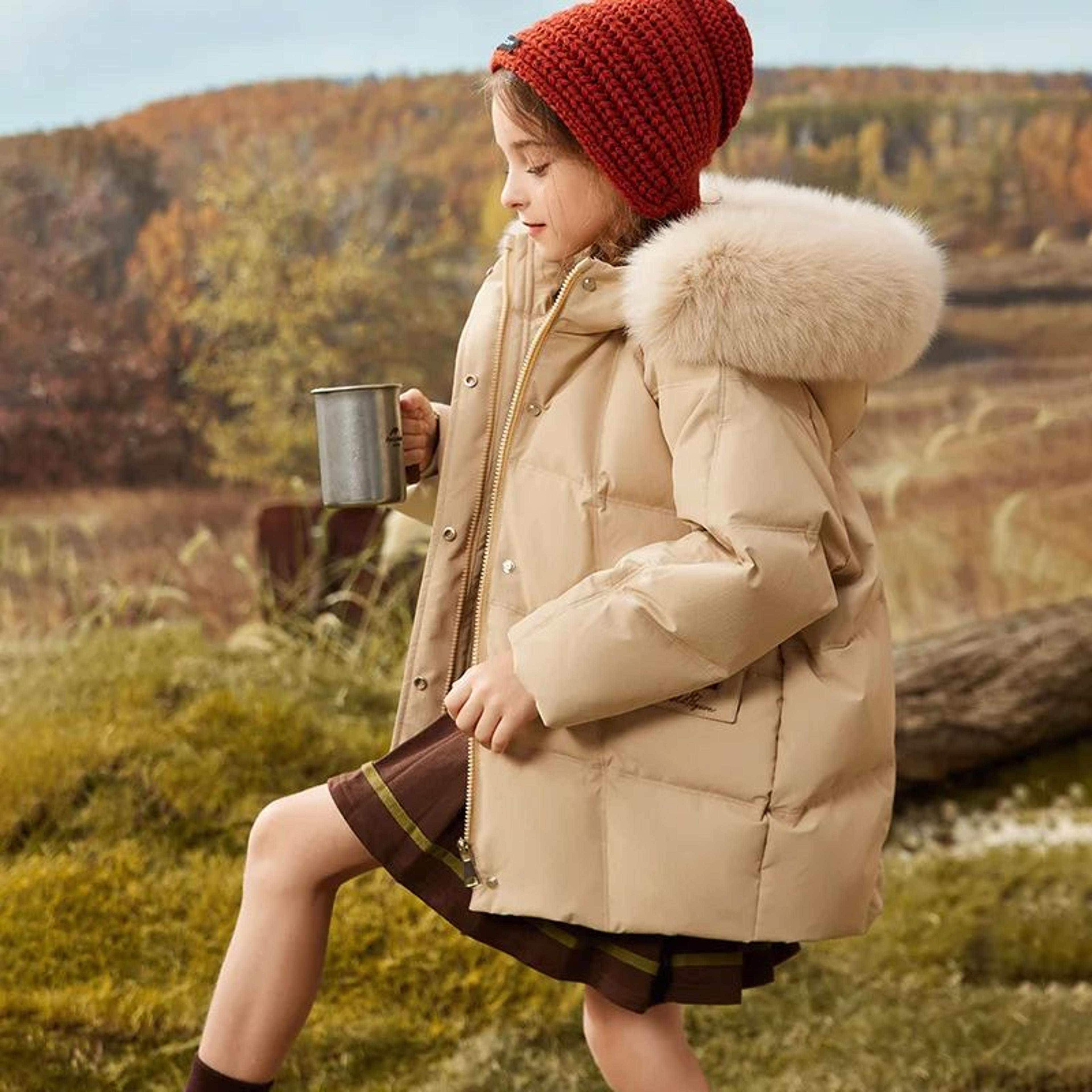 girls warm duck down winter jacket with faux fur hood
