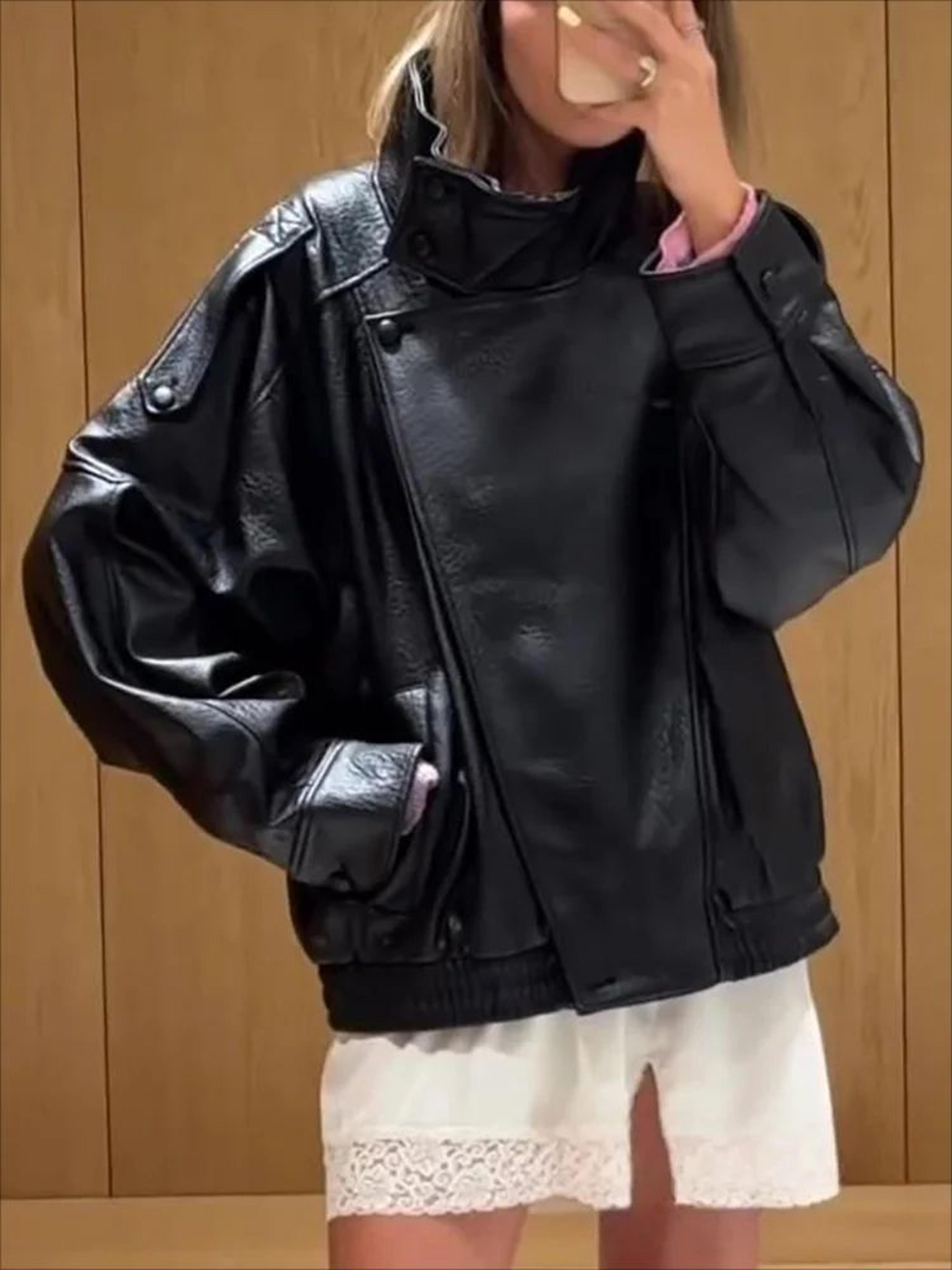 Womens Oversized Black Leather Jacket 8