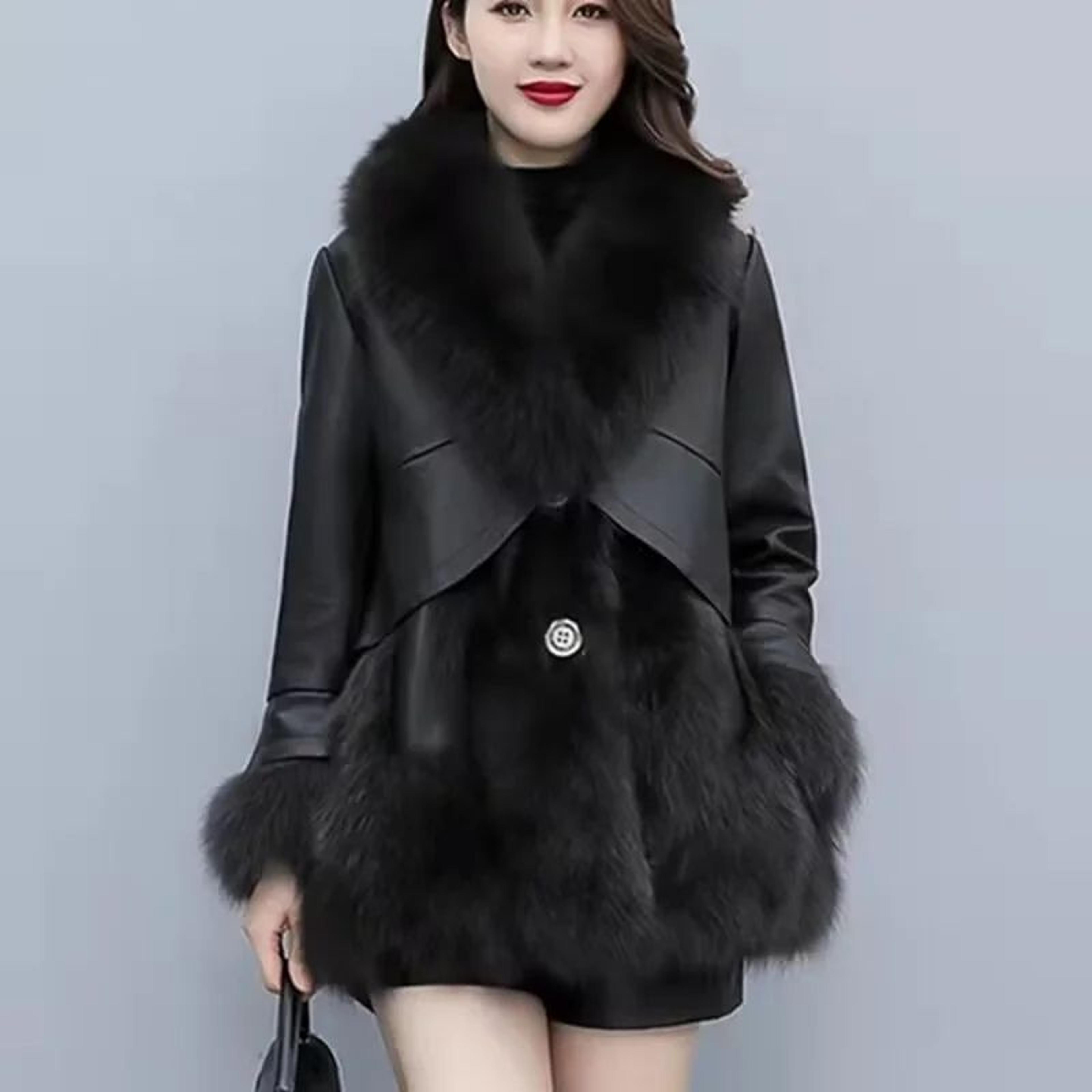 women's mid-length faux fur leather jacket