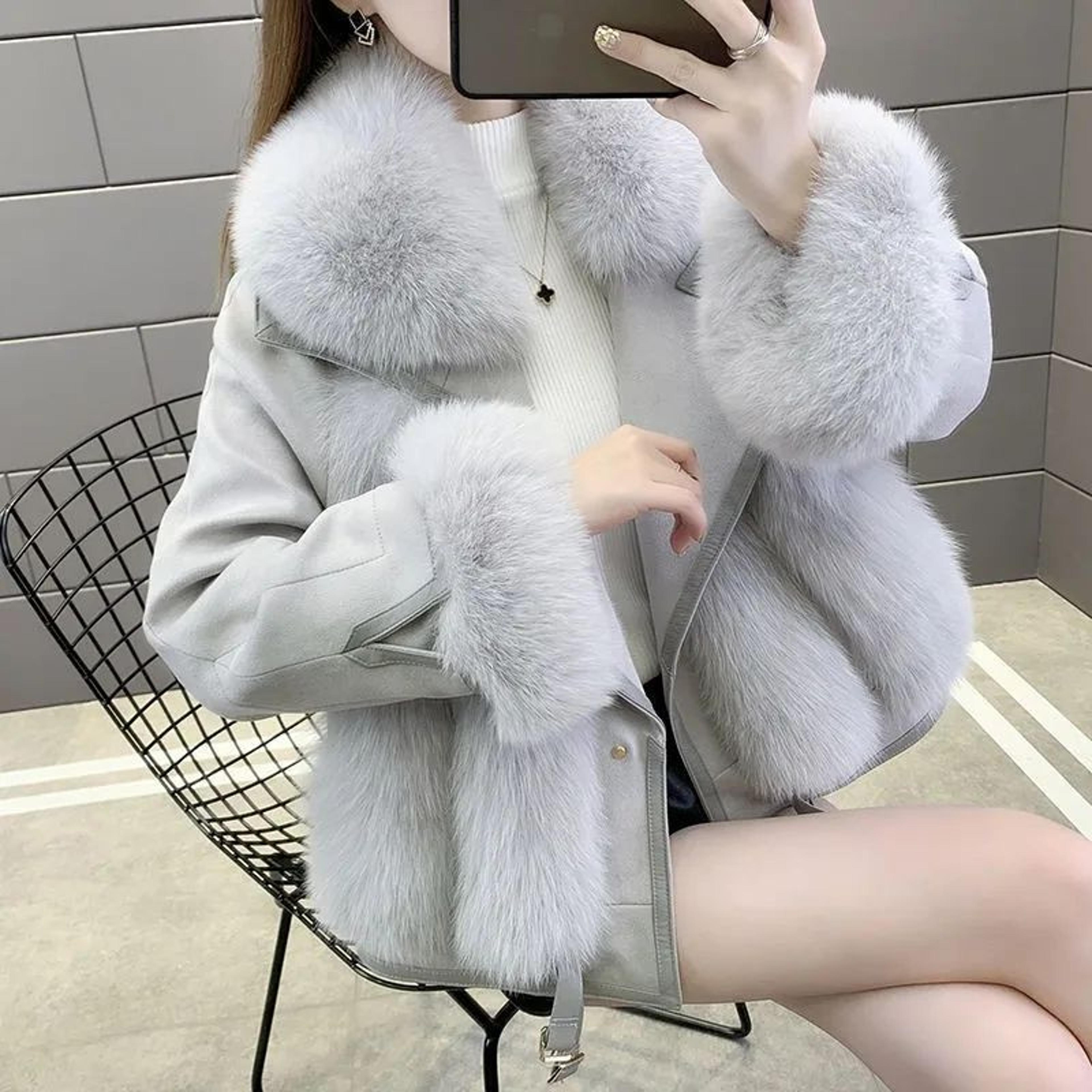 Womens MidLength Faux Fur Leather Jacket 4