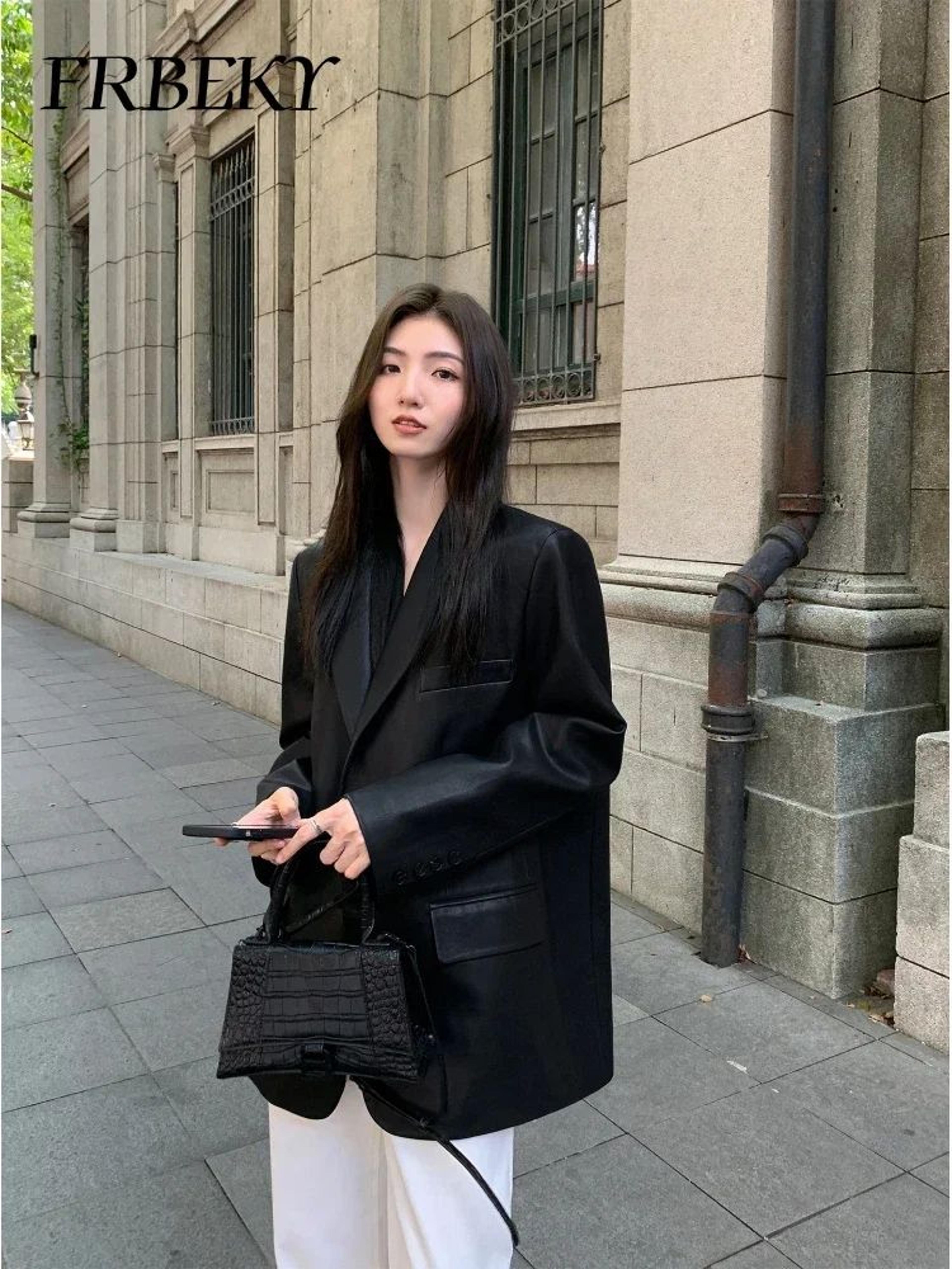 women's chic black faux leather blazer
