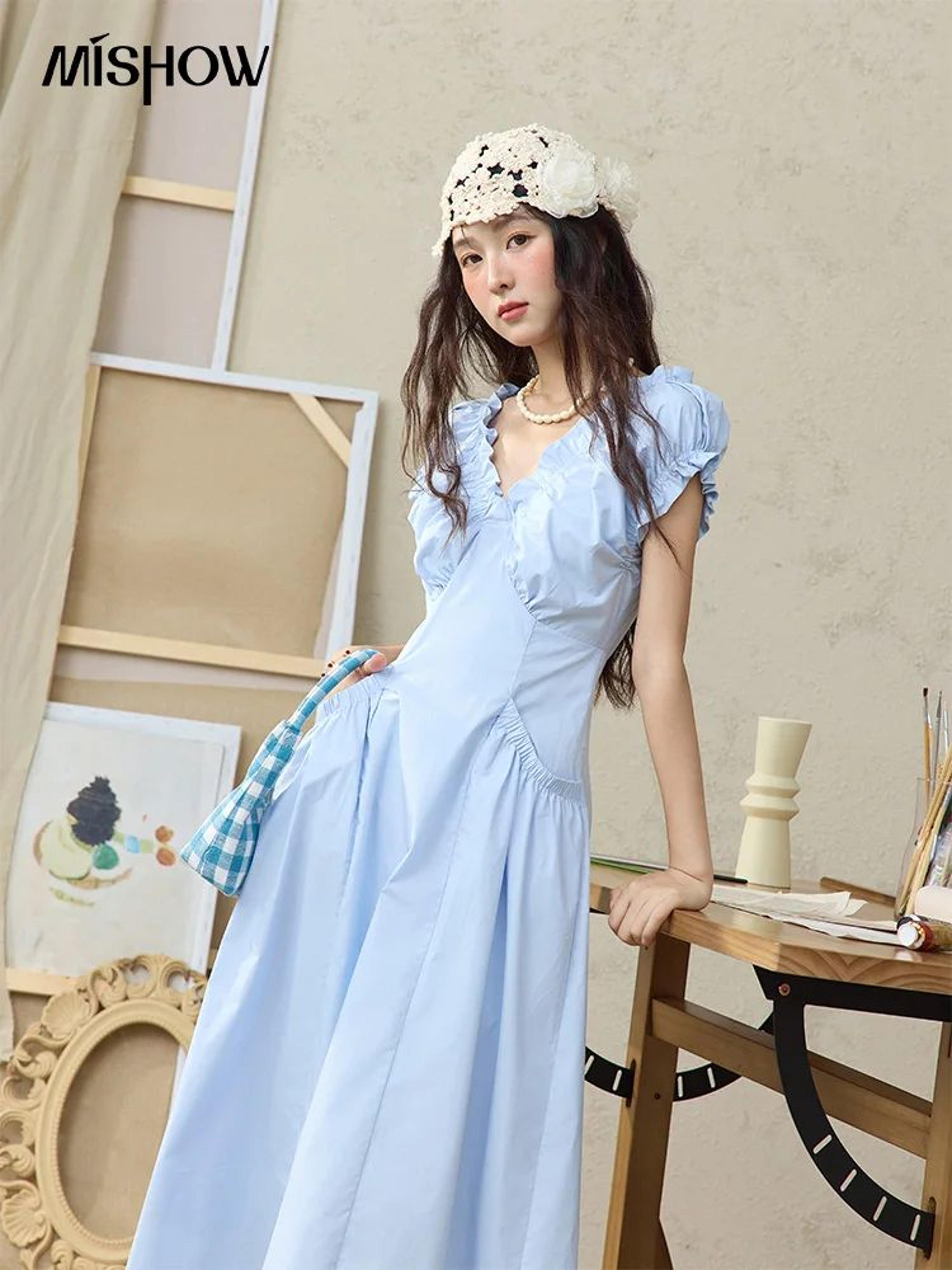 women's elegant v neck puff sleeve midi dress