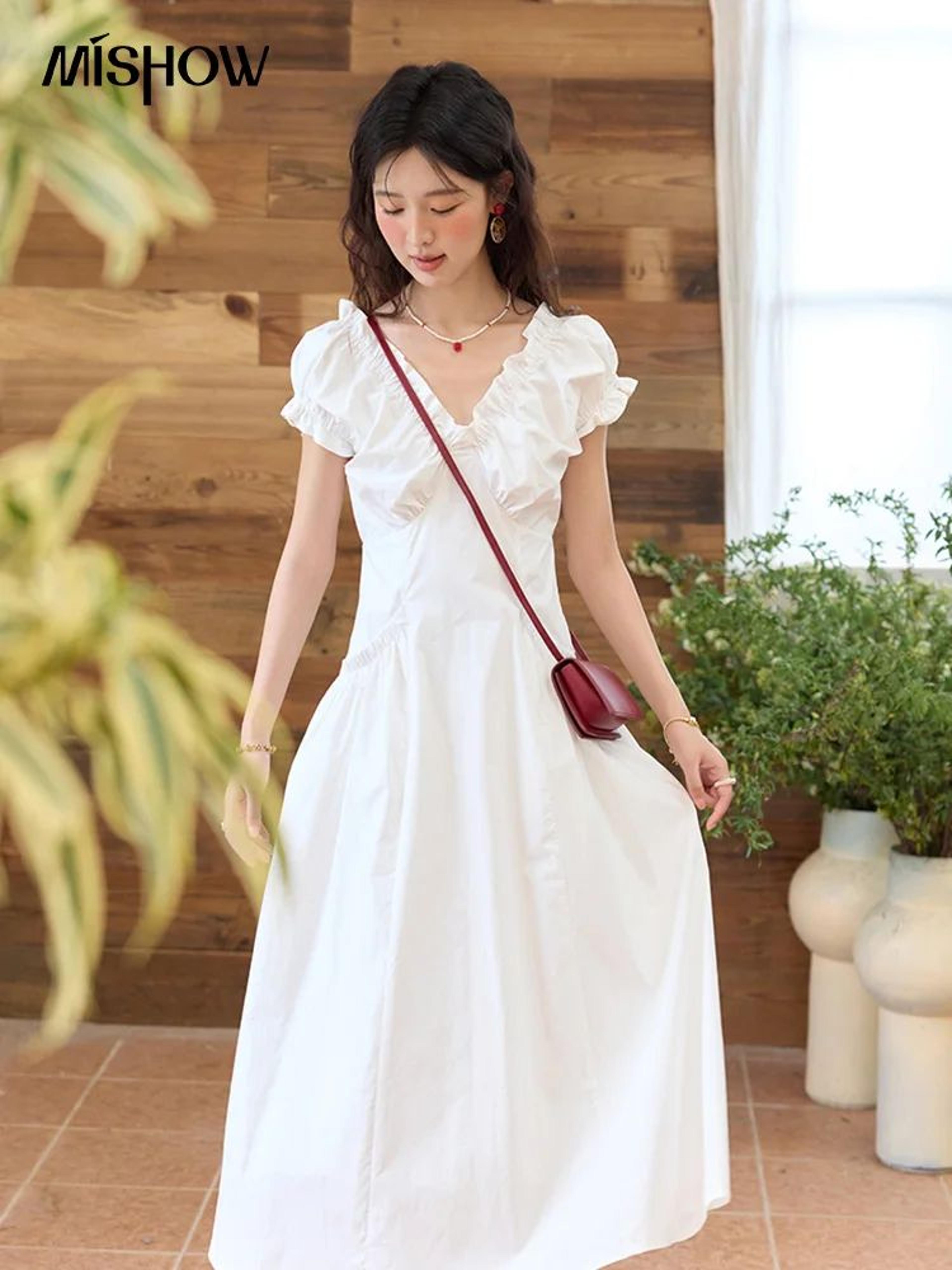 Womens Elegant V Neck Puff Sleeve Midi Dress 3
