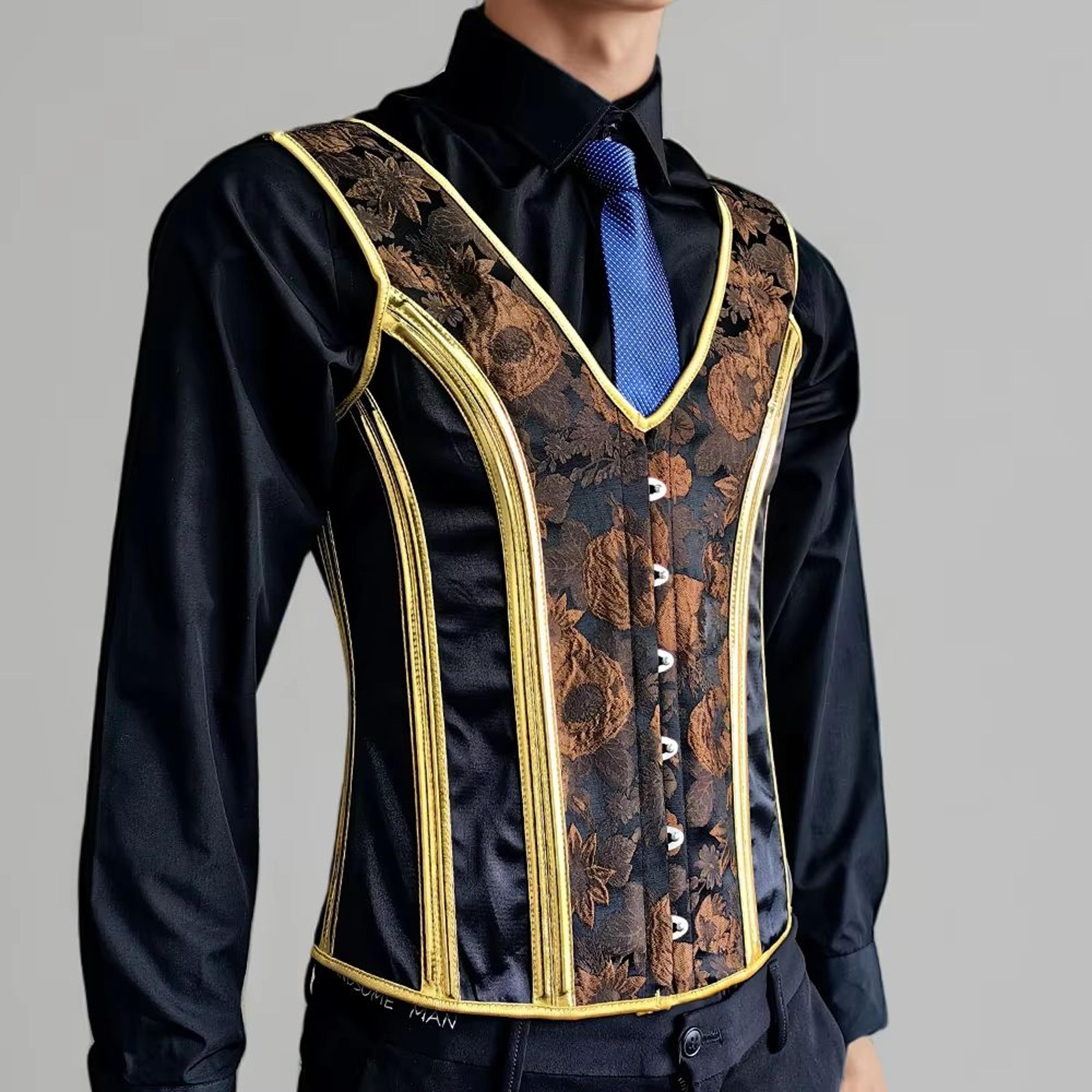 Elegant Renaissance Mens Waist Cincher  SteelBoned Medieval Corset Vest For Stomach Control 22