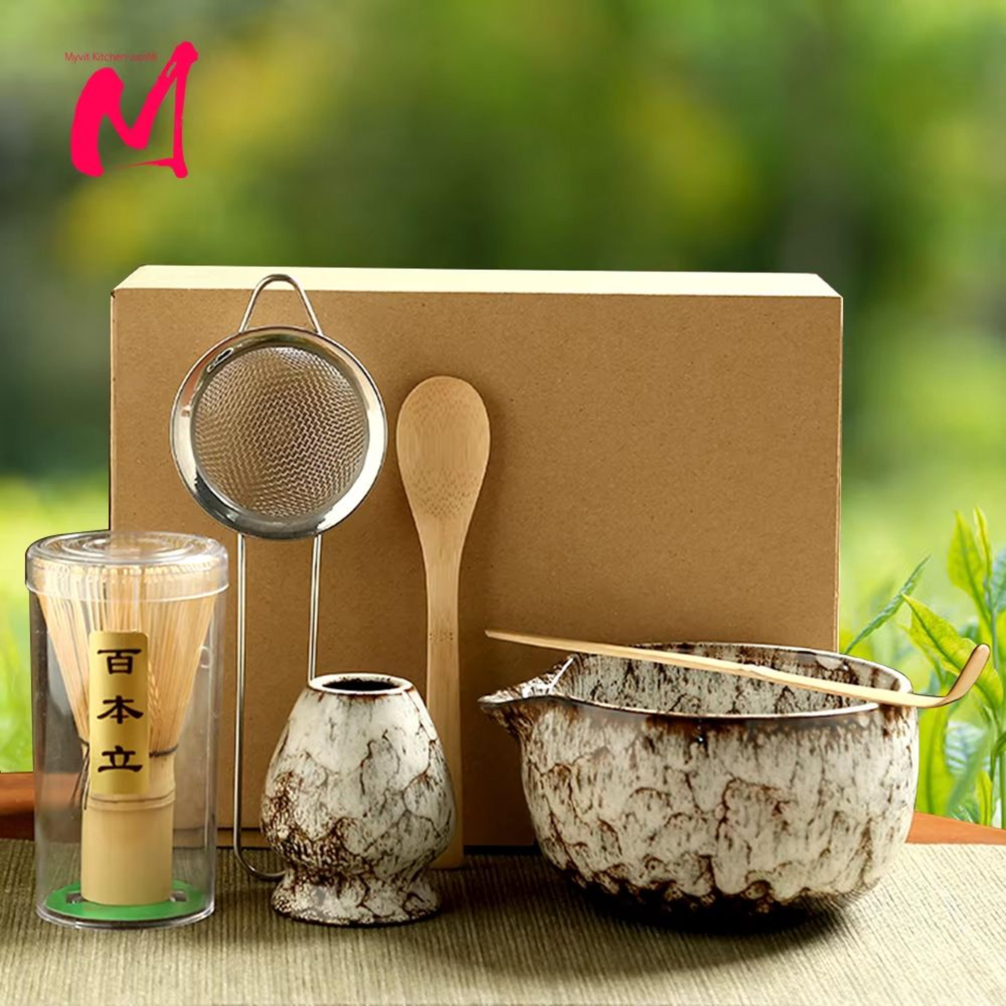 6 piece japanese matcha tea set with bamboo whisk, bowl & accessories