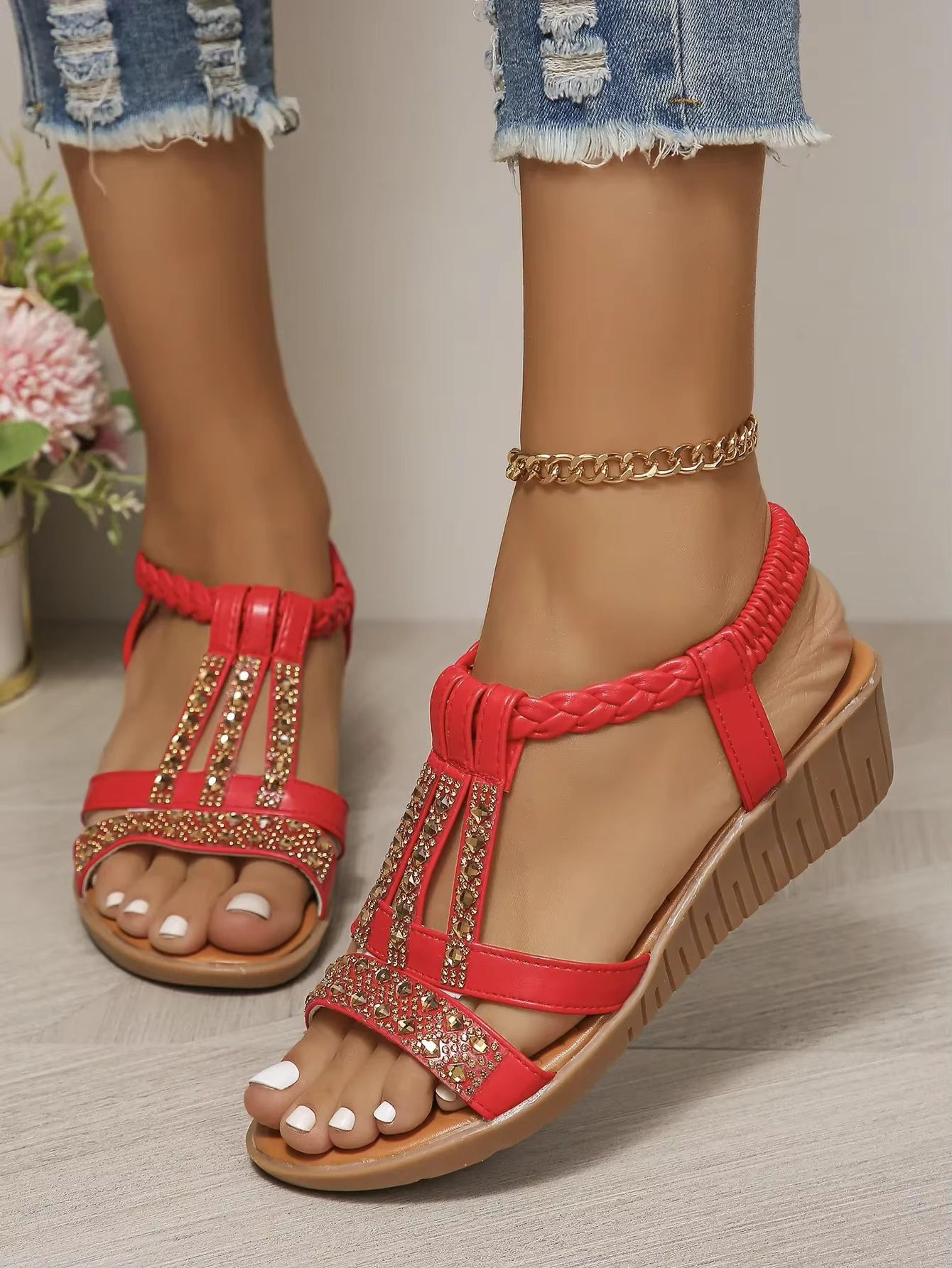 Womens Wedge Platform Sandals Summer Bohemian Rhinestone Peep Toe Shoes 14
