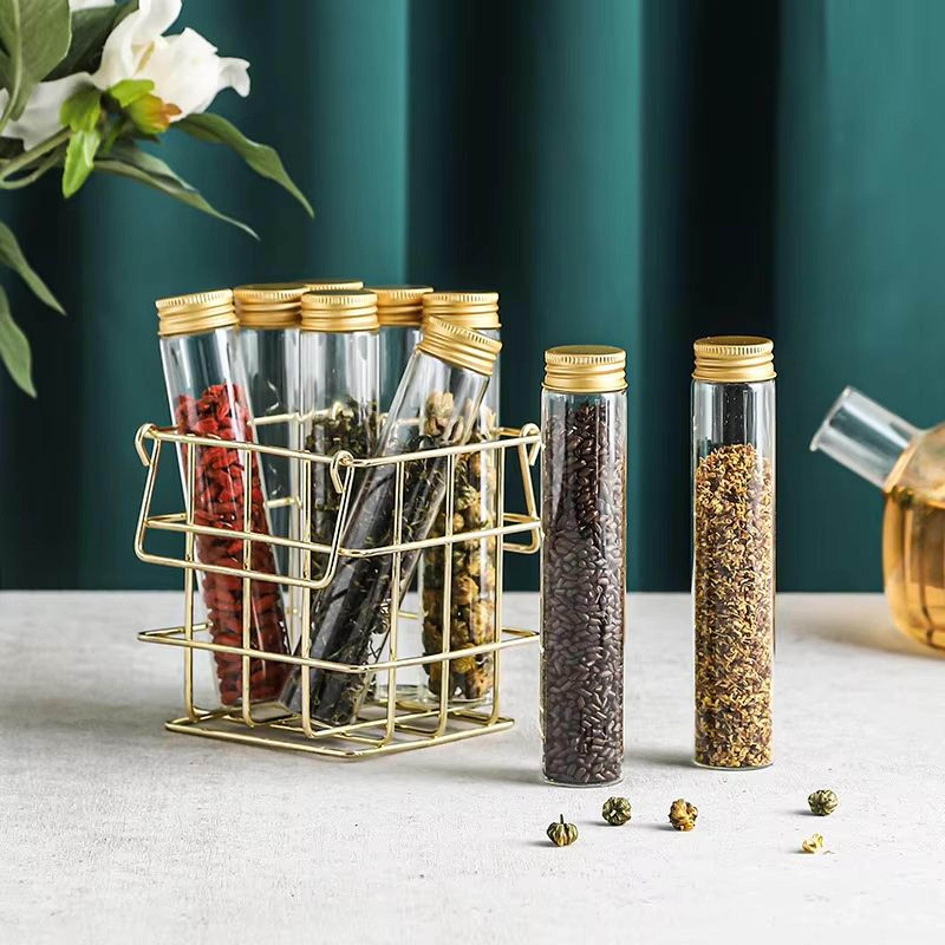 Glass Jar Storage Basket Set  9Piece Spice Organizer With Lids And Gold Metal Rack For Tea Coffee C 3