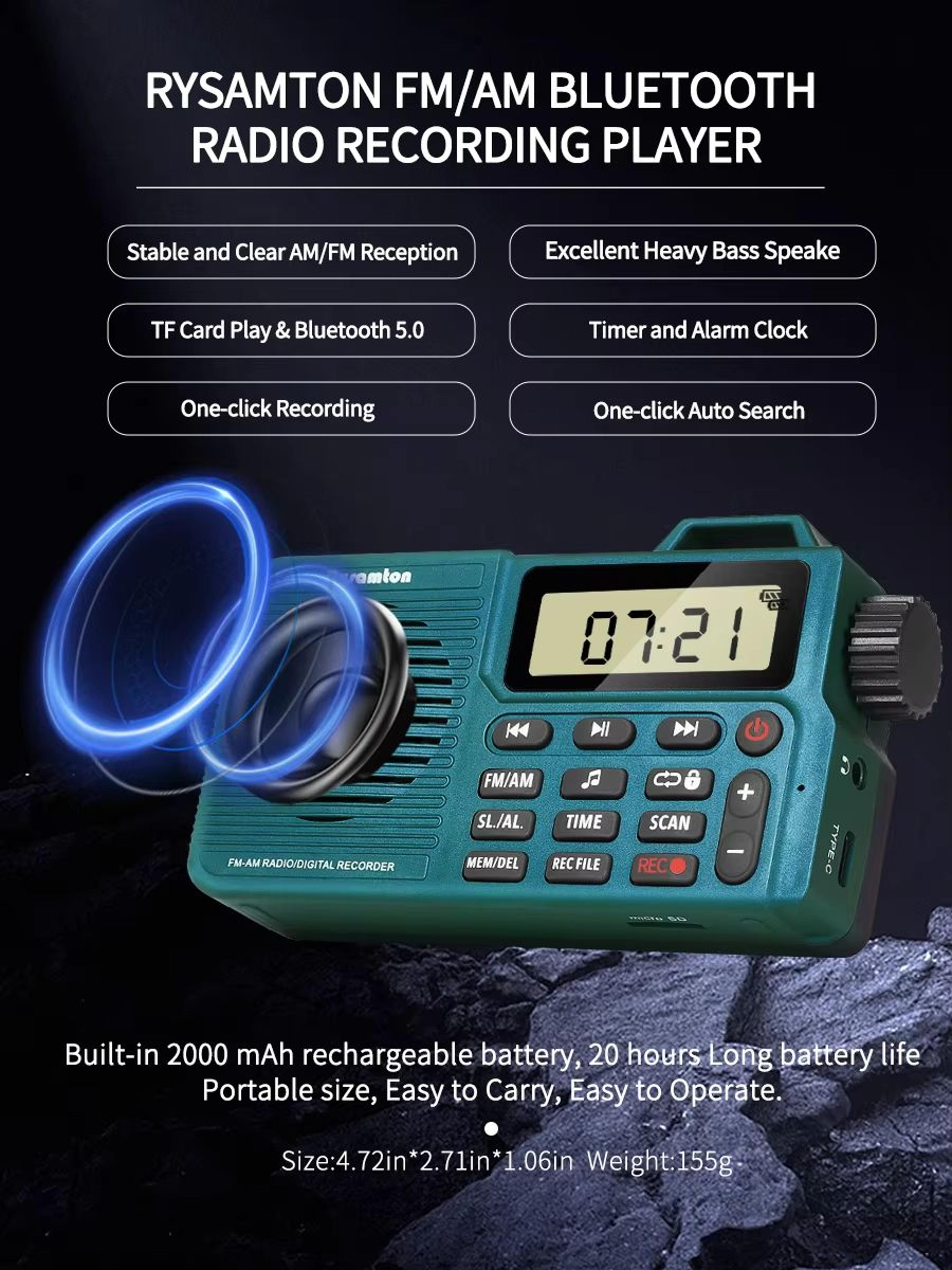 EchoLite Portable AMFM Bluetooth Radio With Bass Speaker  Recording 0