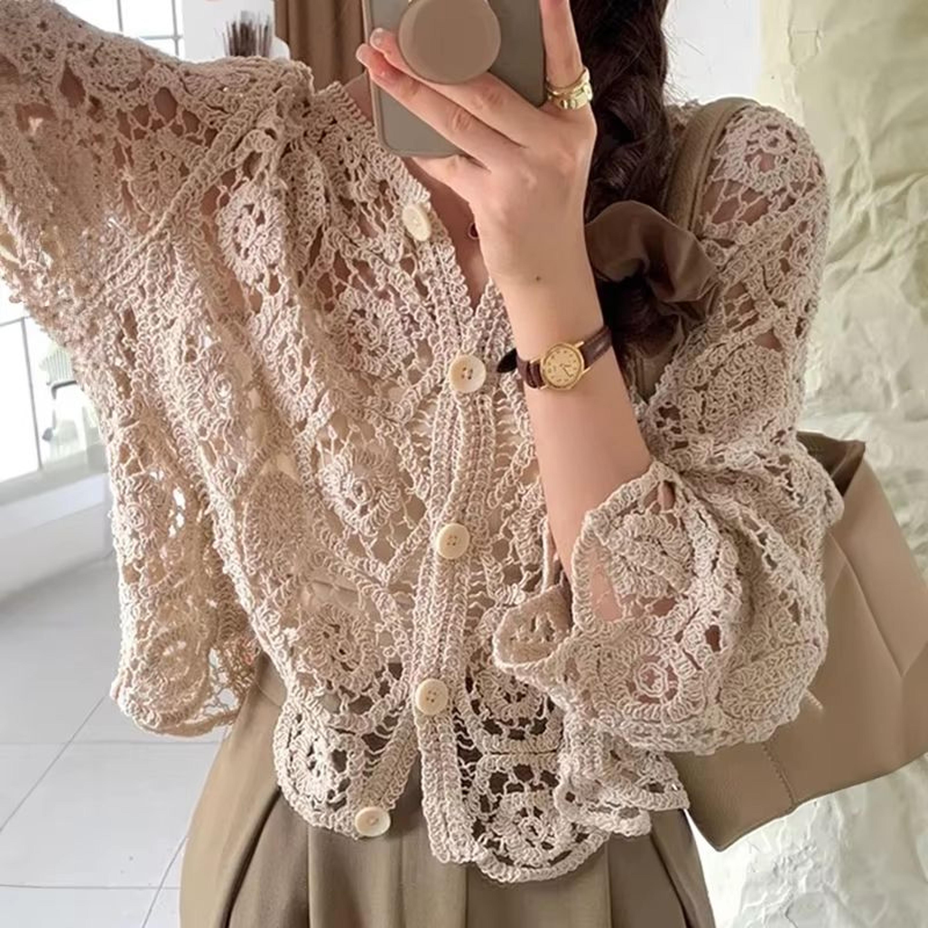 elegant crochet knit button-up cardigan beach cover up