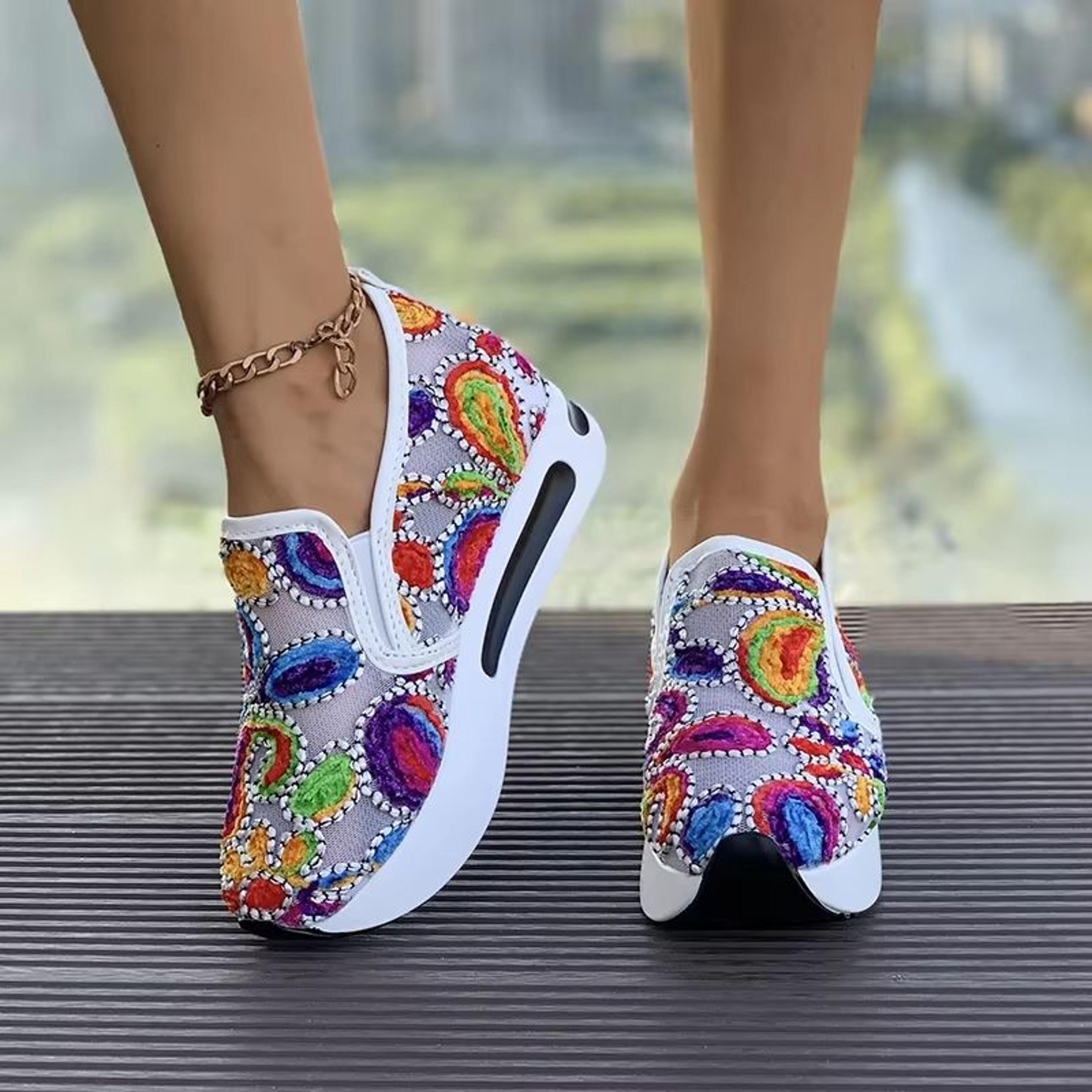 Women Slip On Platform Sneakers Embroidered Mesh Casual Walking Shoes 3