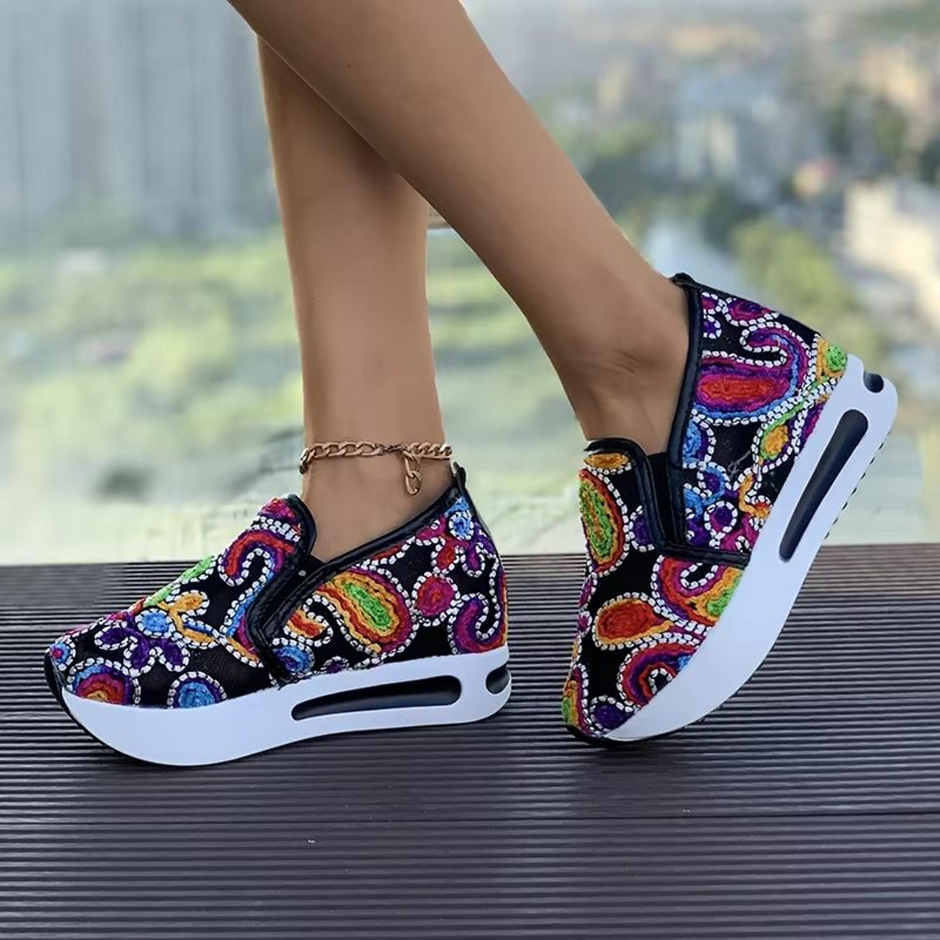 Women Slip On Platform Sneakers Embroidered Mesh Casual Walking Shoes 6