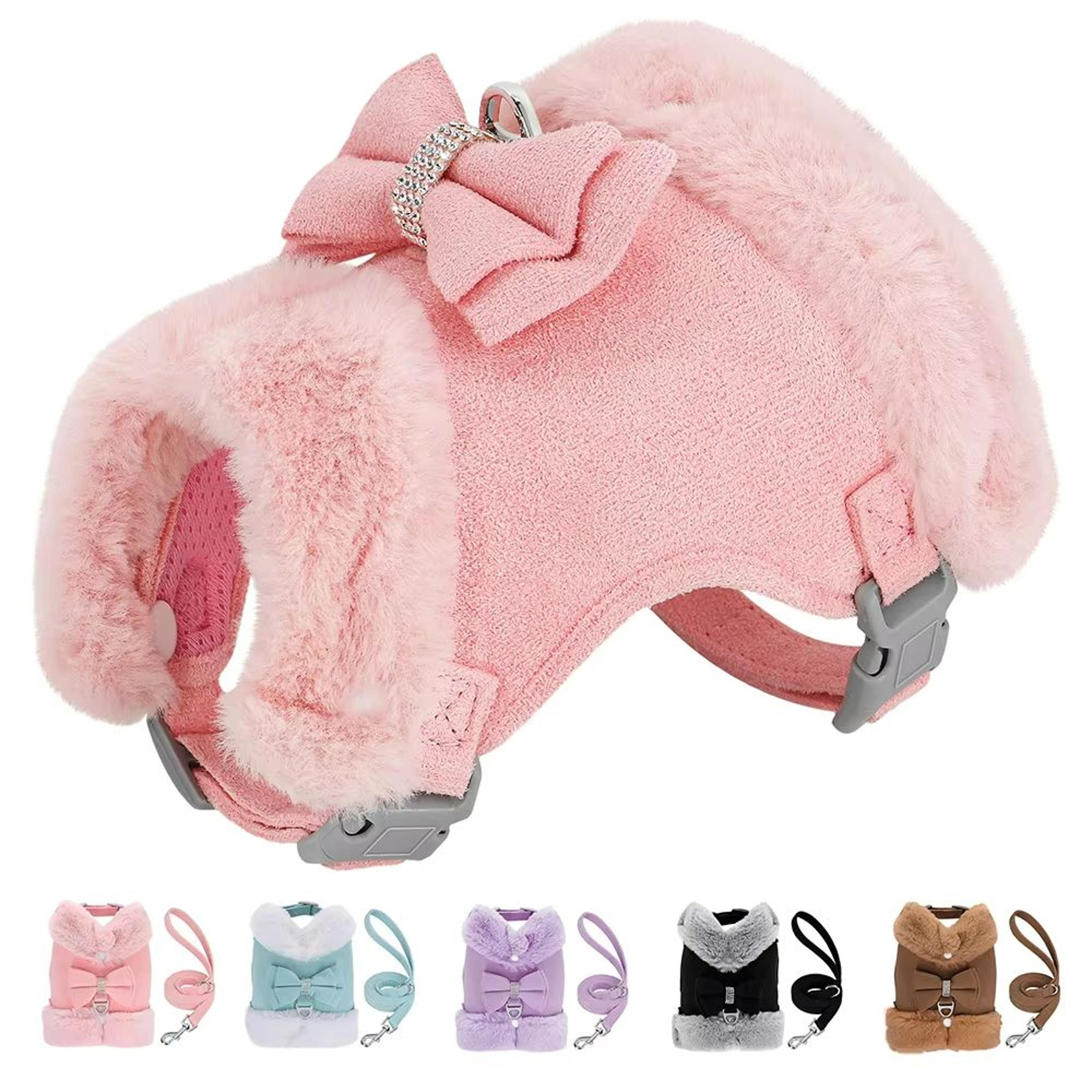 SnuggleSpark Fur Dog Harness Set  Rhinestone Bow For Warm Puppy Coats 0