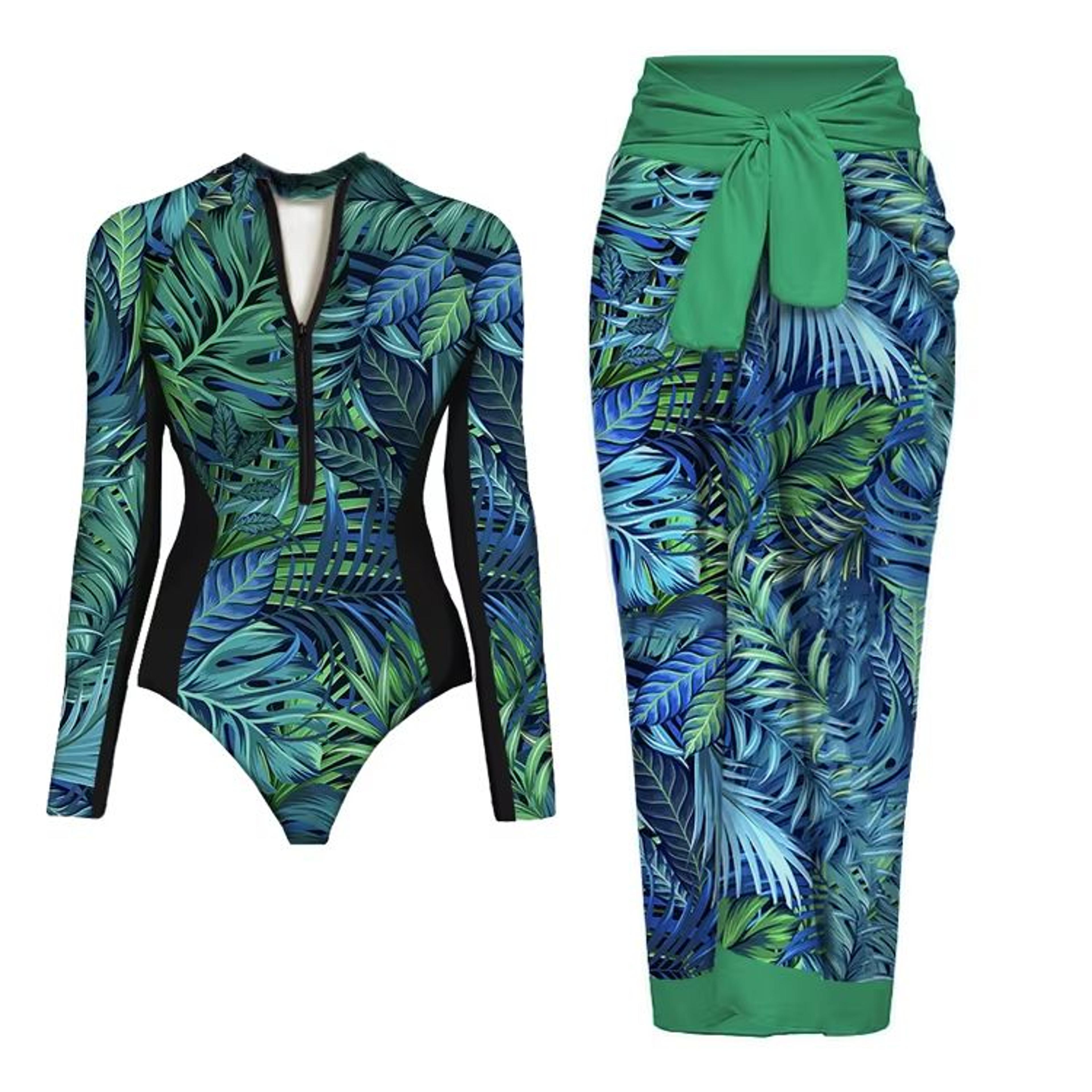 womens long sleeve one piece swimsuit with wrap skirt vintage print surfing bathing suit