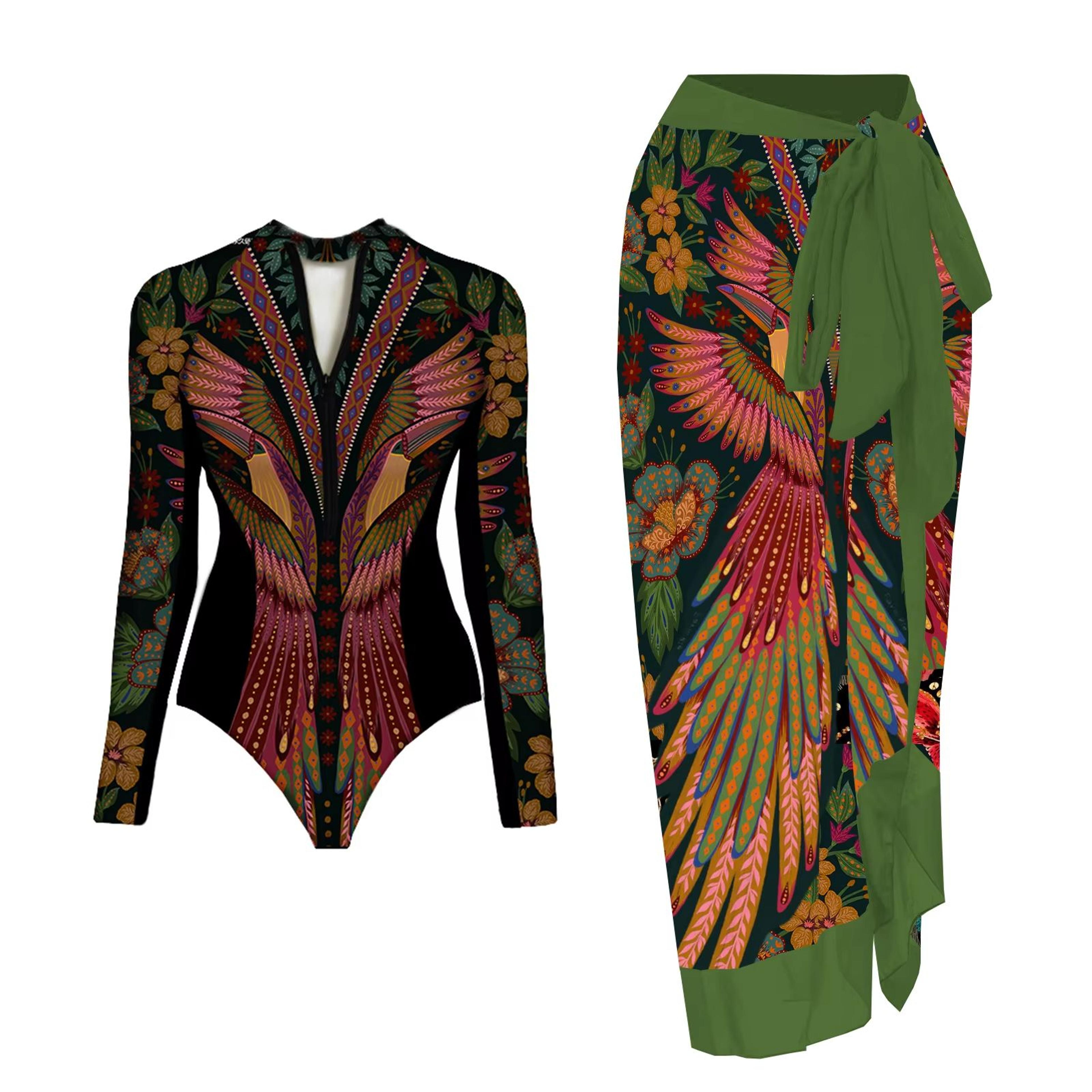 Womens Long Sleeve One Piece Swimsuit With Wrap Skirt Vintage Print Surfing Bathing Suit 7