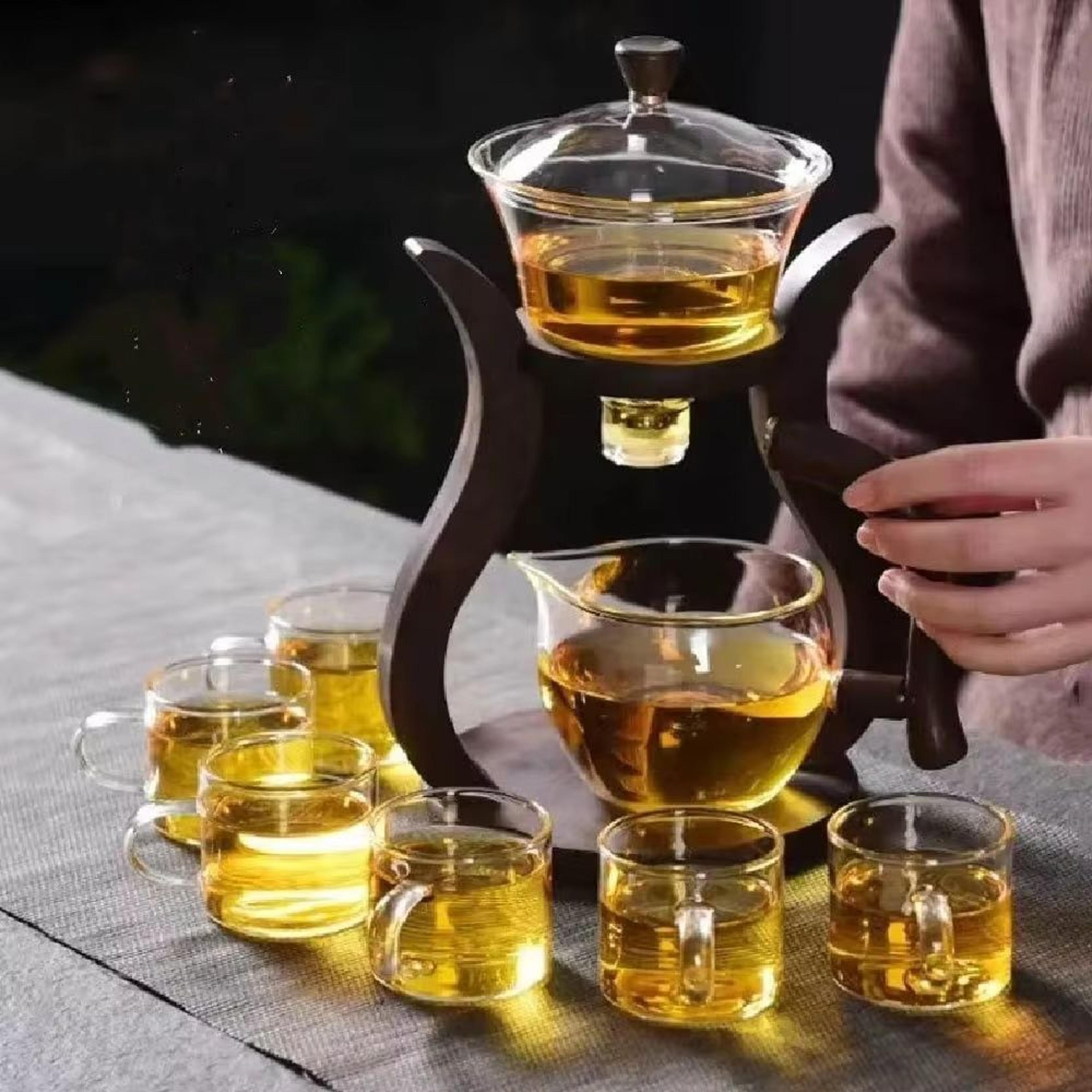 Lazy Kungfu Glass Teapot Set  SemiAutomatic HeatResistant Tea Set With Wooden Base  Magnetic Water  4