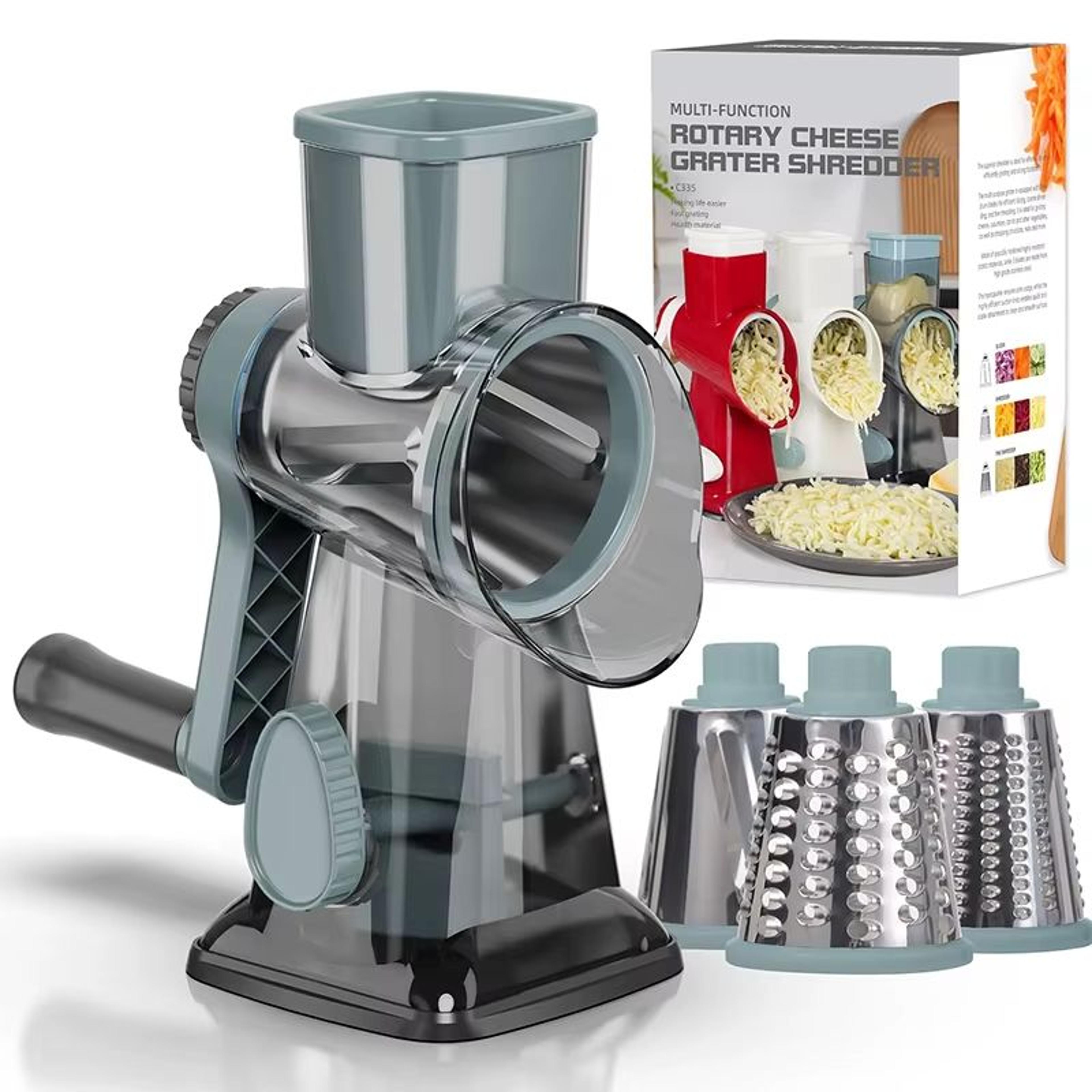 3-in-1 rotary cheese grater & manual vegetable slicer – multi-purpose nut, cheese, and veggie shredder
