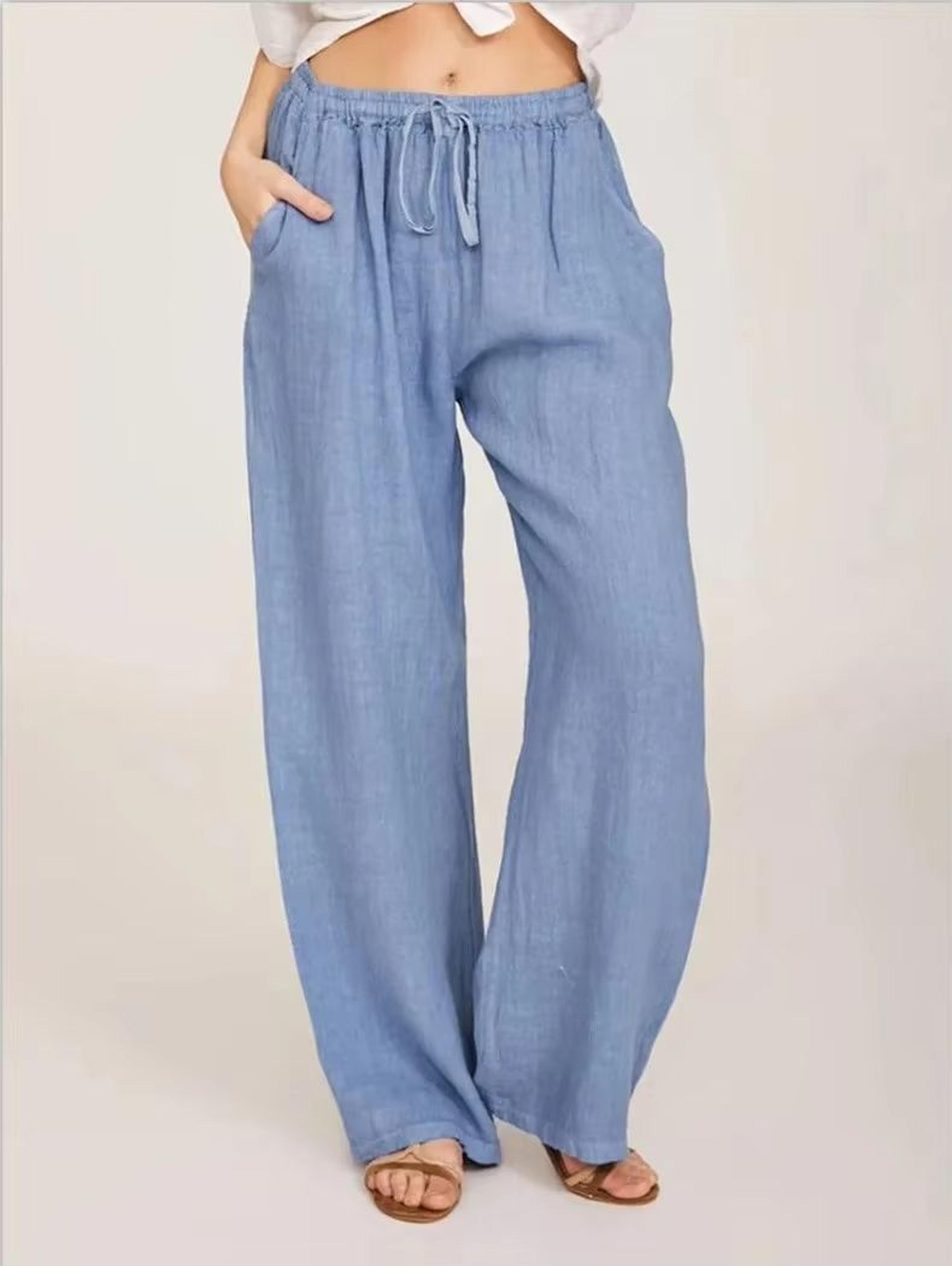 Womens Cotton Linen Wide Leg Pants  Casual Loose Trousers With Elastic Waist  Pockets 2