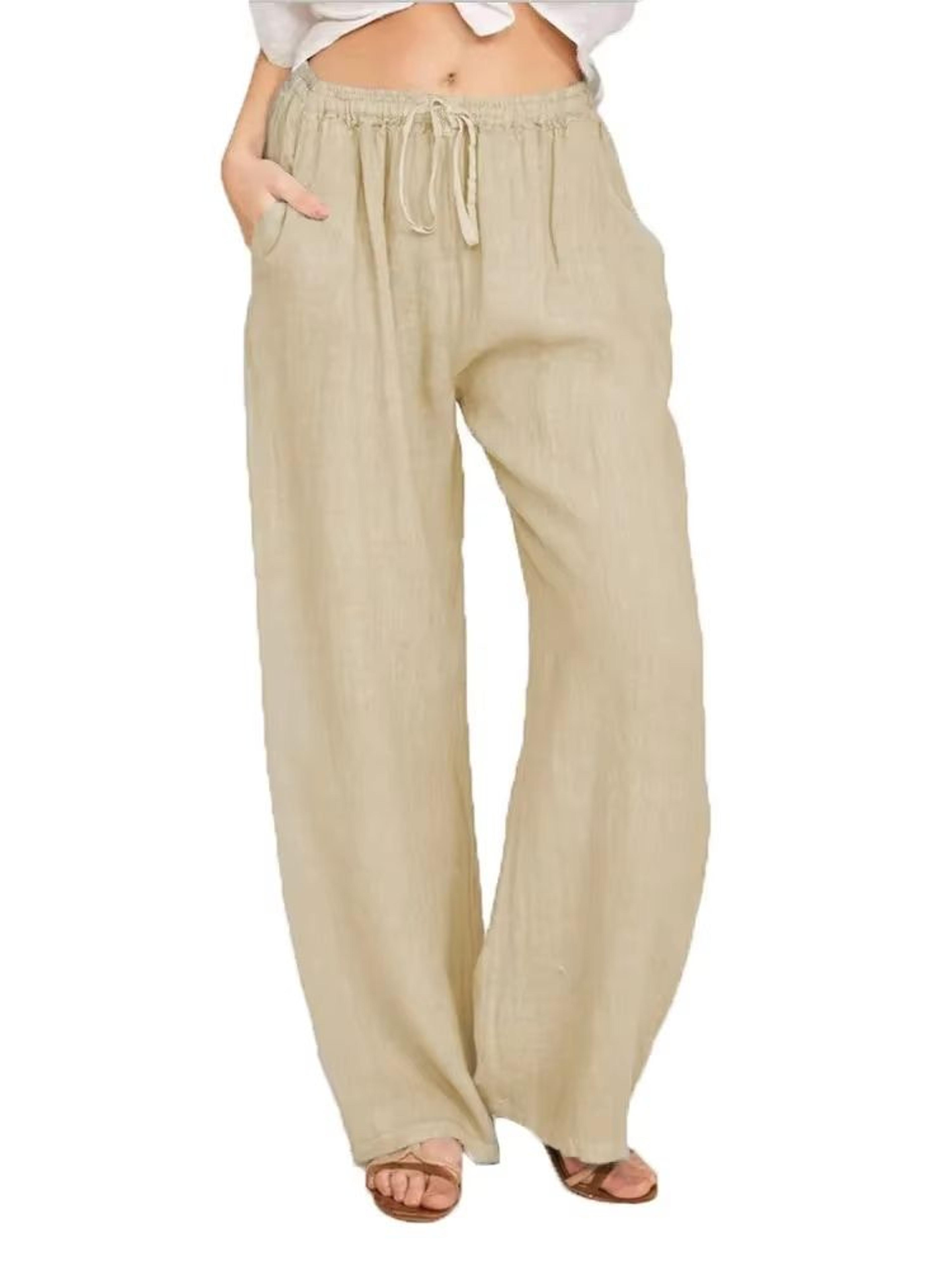 Womens Cotton Linen Wide Leg Pants  Casual Loose Trousers With Elastic Waist  Pockets 8
