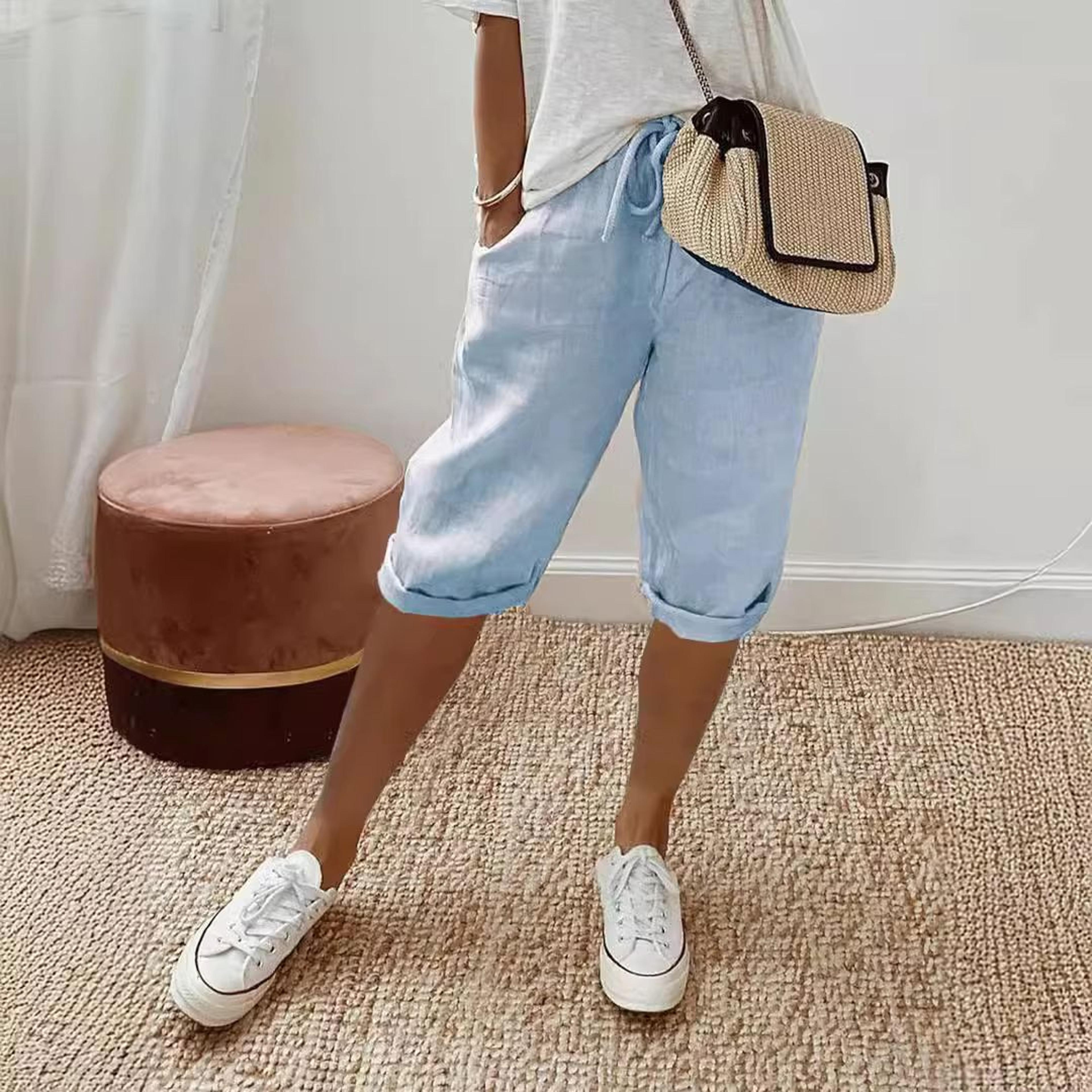WomenS Cotton Linen Summer Shorts  Elastic Waist Casual Pants With Pockets Lightweight 5Quarter Des 1