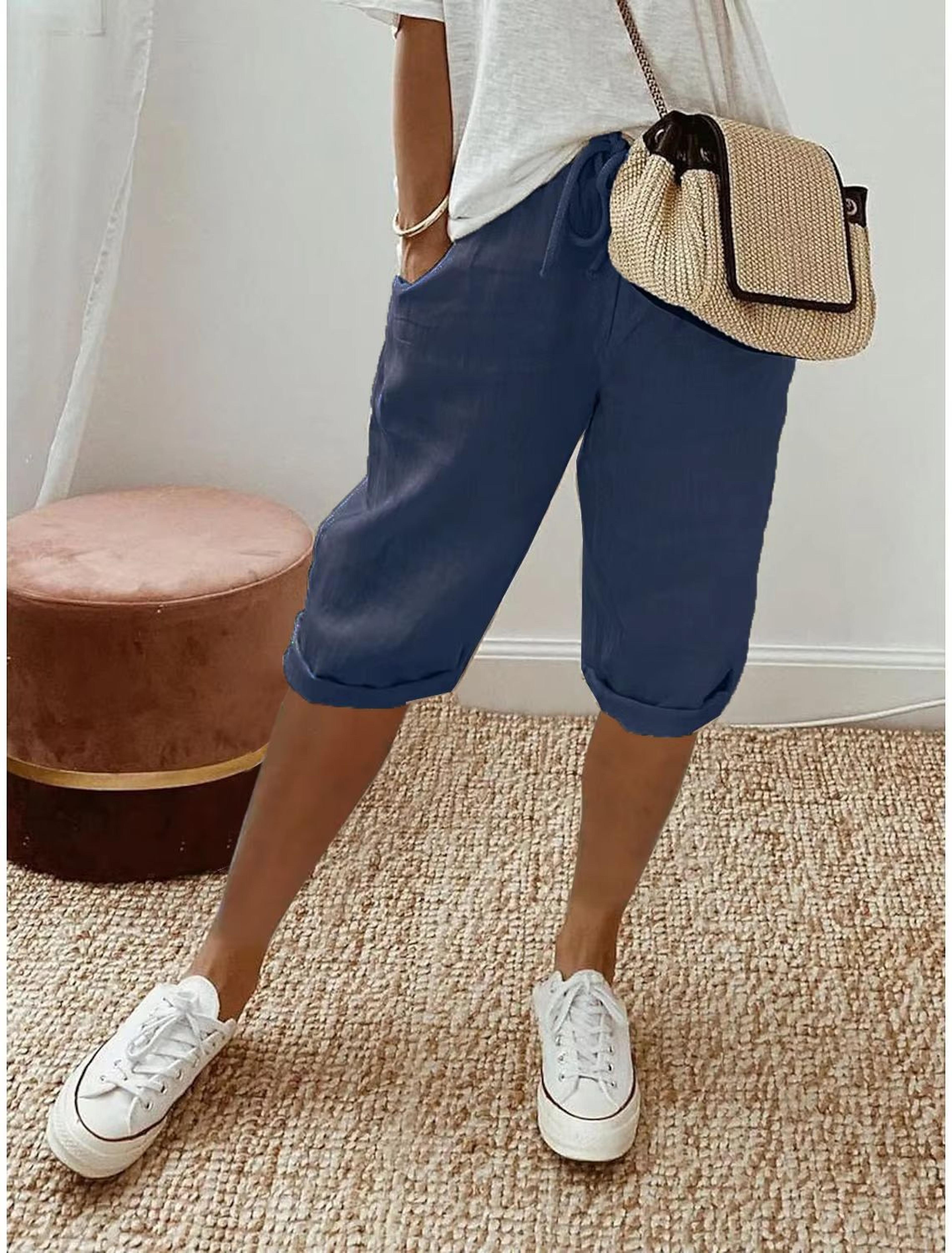 WomenS Cotton Linen Summer Shorts  Elastic Waist Casual Pants With Pockets Lightweight 5Quarter Des 6