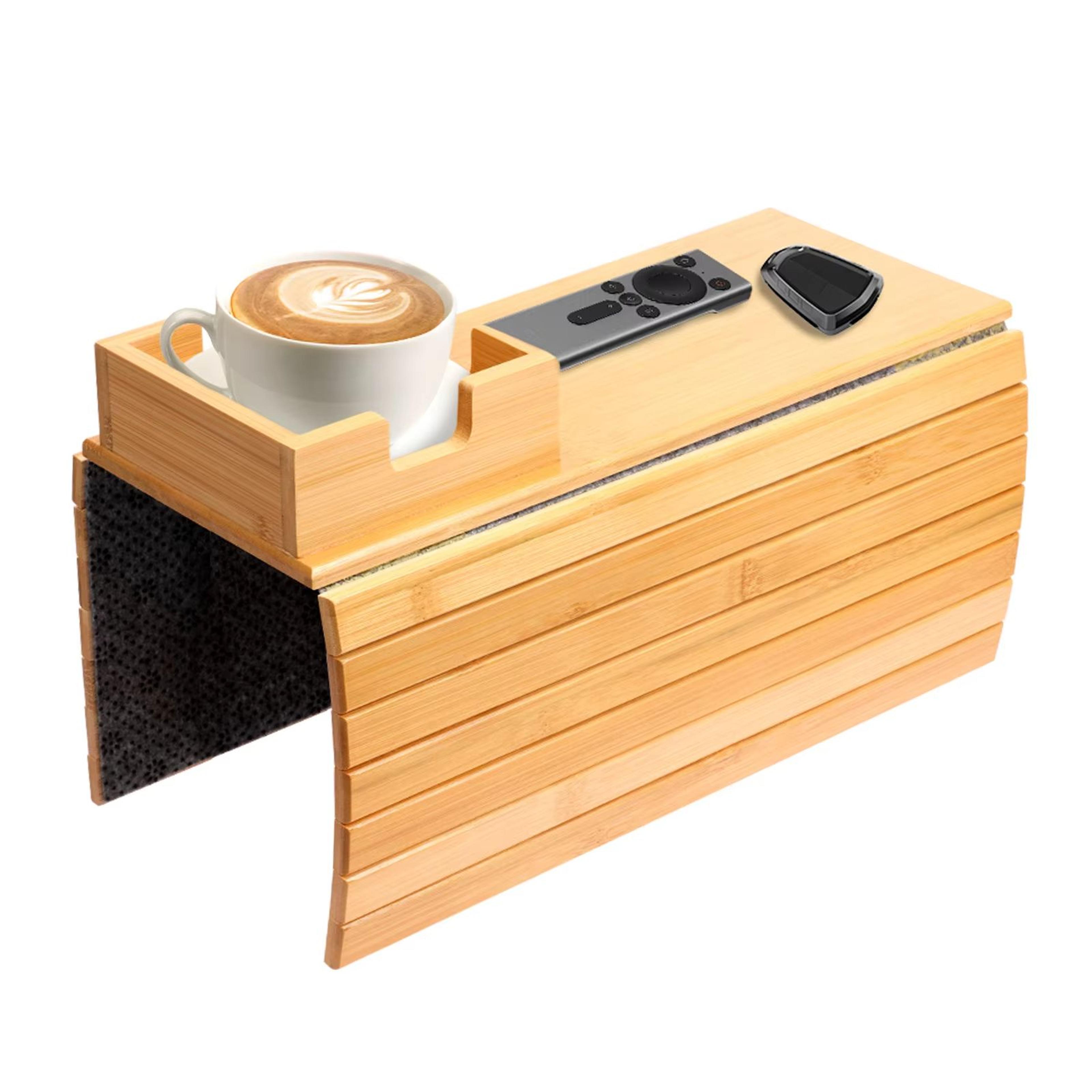 Bamboo Sofa Armrest Tray  Foldable Couch Cup Holder With AntiSlip Design And Side Storage 13