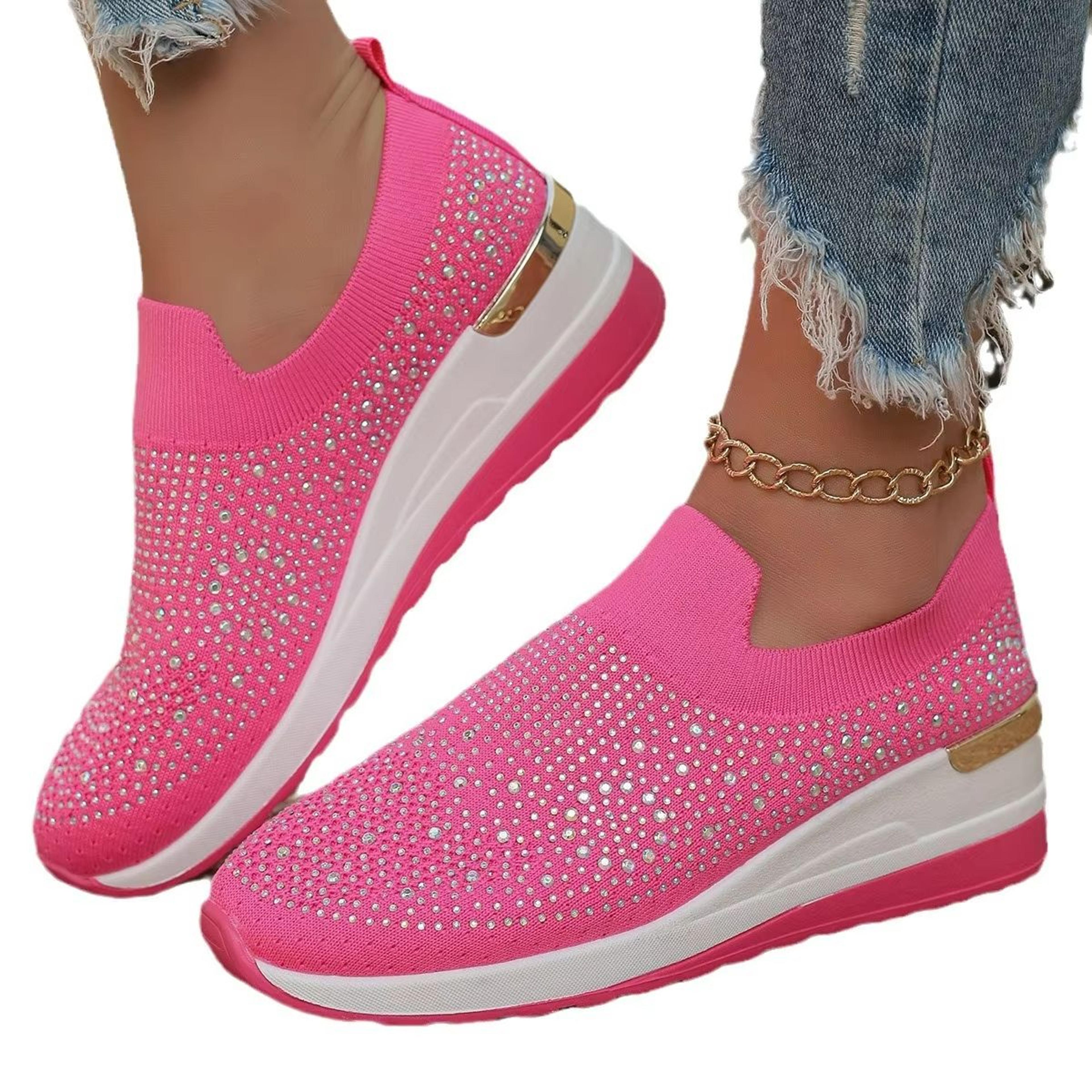 Womens Rhinestone Wedge Sneakers  Breathable Lightweight SlipOn Mesh Casual Shoes 4