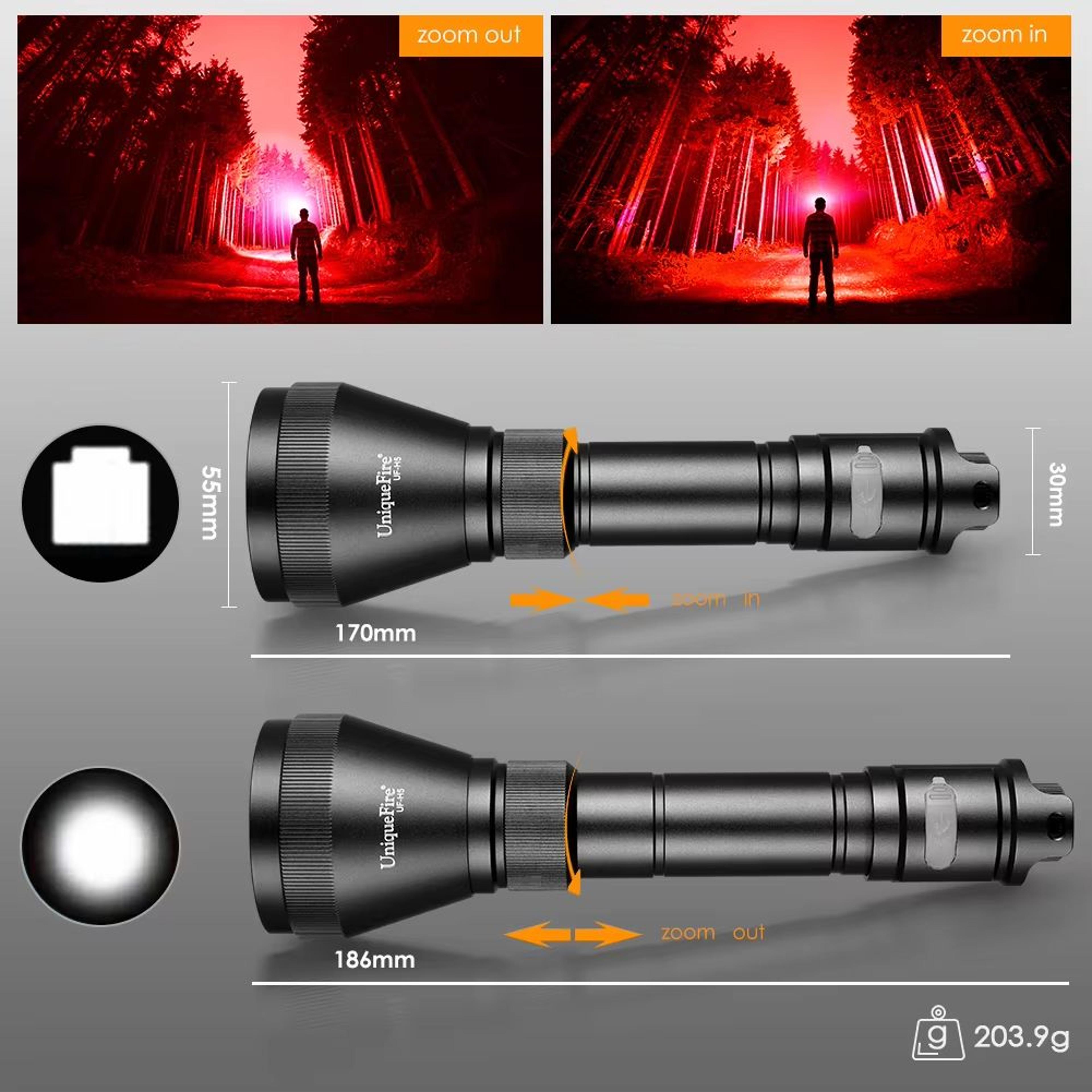 UniqueFire H5 Red Light Flashlight  Rechargeable Zoomable LED Torch With Dimmer Switch  USBC For Ou 2