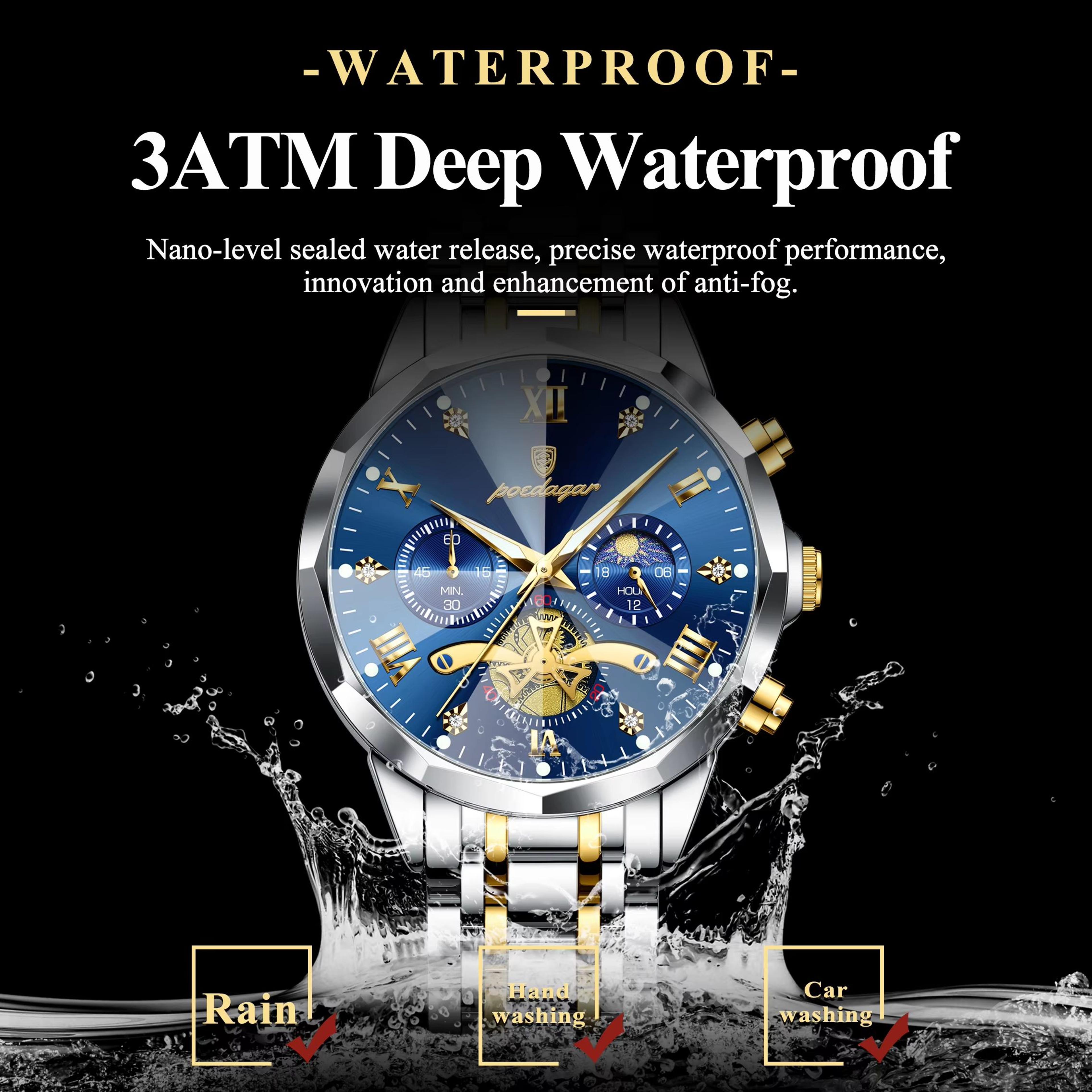 POEDAGAR Luxury Mens Watch  Waterproof Stainless Steel Chronograph Quartz Wristwatch With Luminous  2