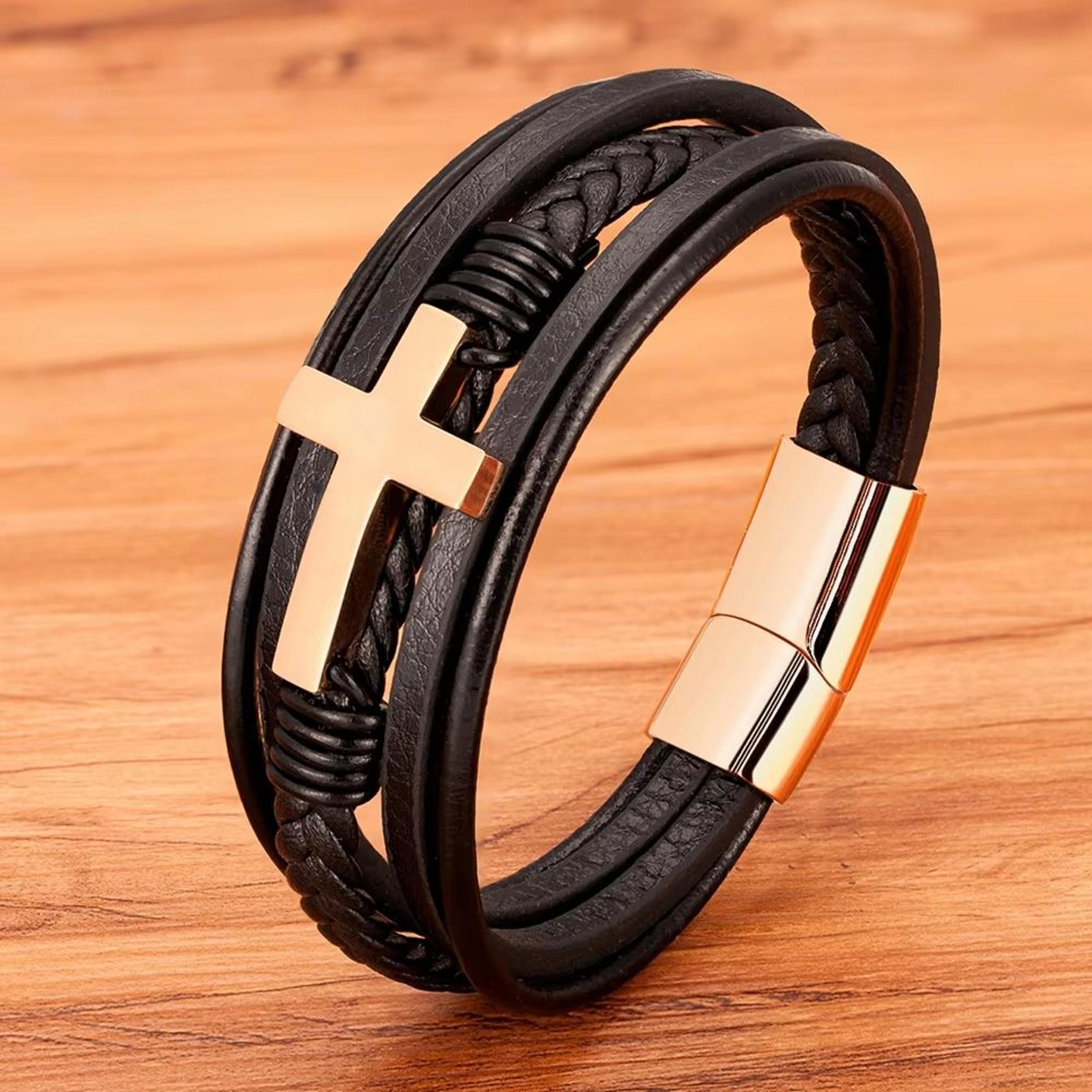 XQNI Luxury Mens Leather Bracelet  Multicolor Cross Design Stainless Steel Adjustable Fashion Acces 9