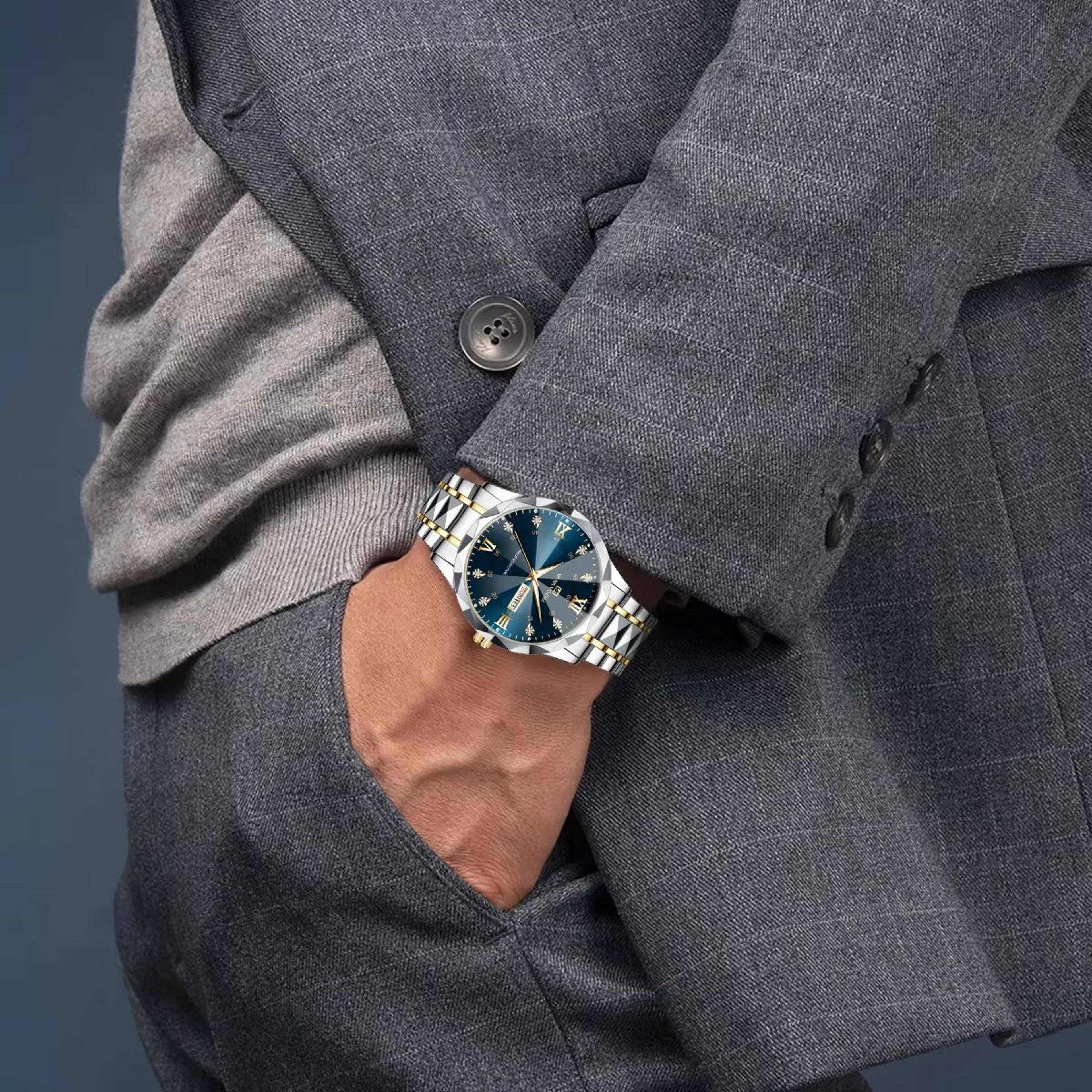 Mens Luxury Stainless Steel Watch  Blue Gold Quartz With Night Glow  Double Calendar 3