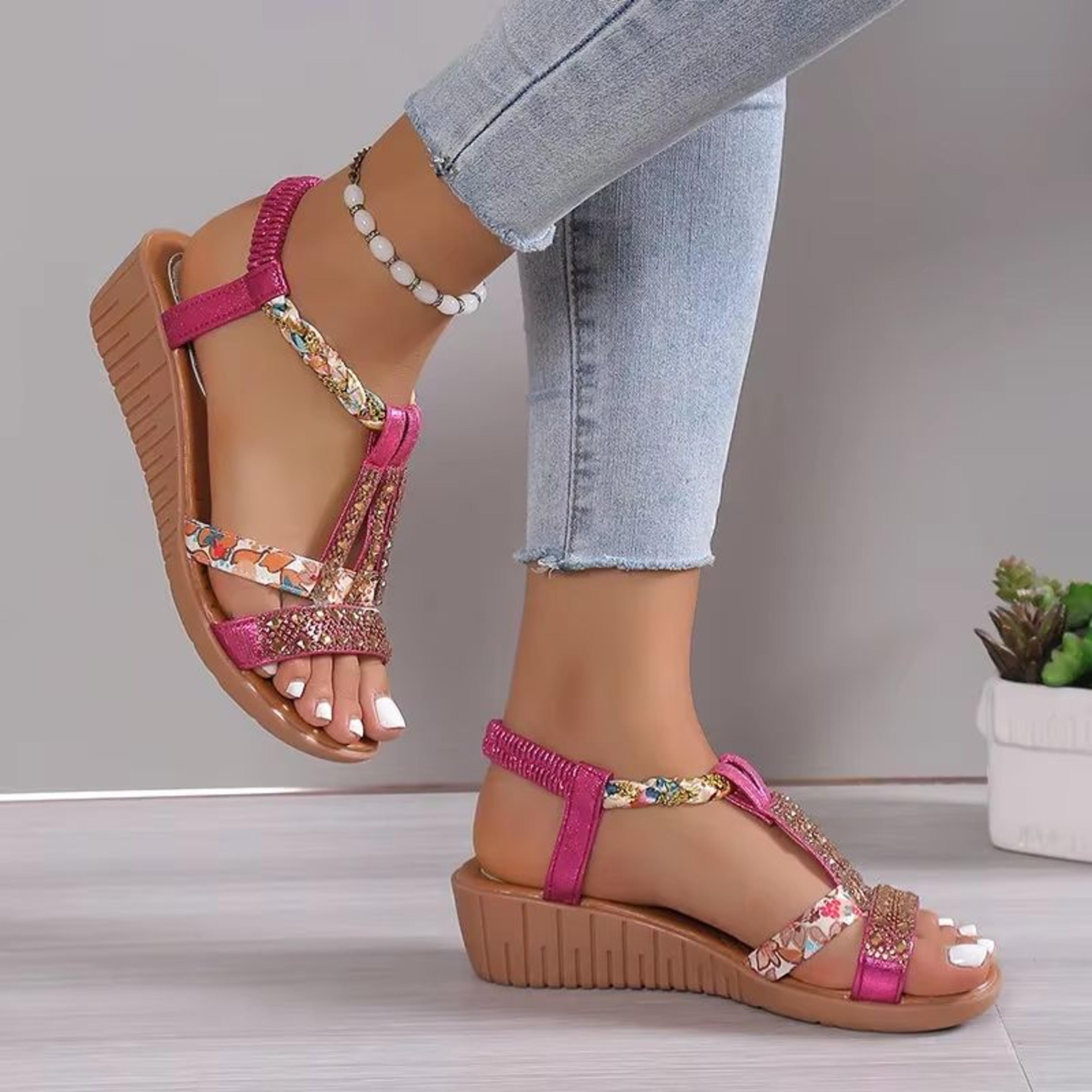 Womens Bohemian Wedge Sandals  Rhinestone Platform Summer Sandals With Peep Toe Design 13