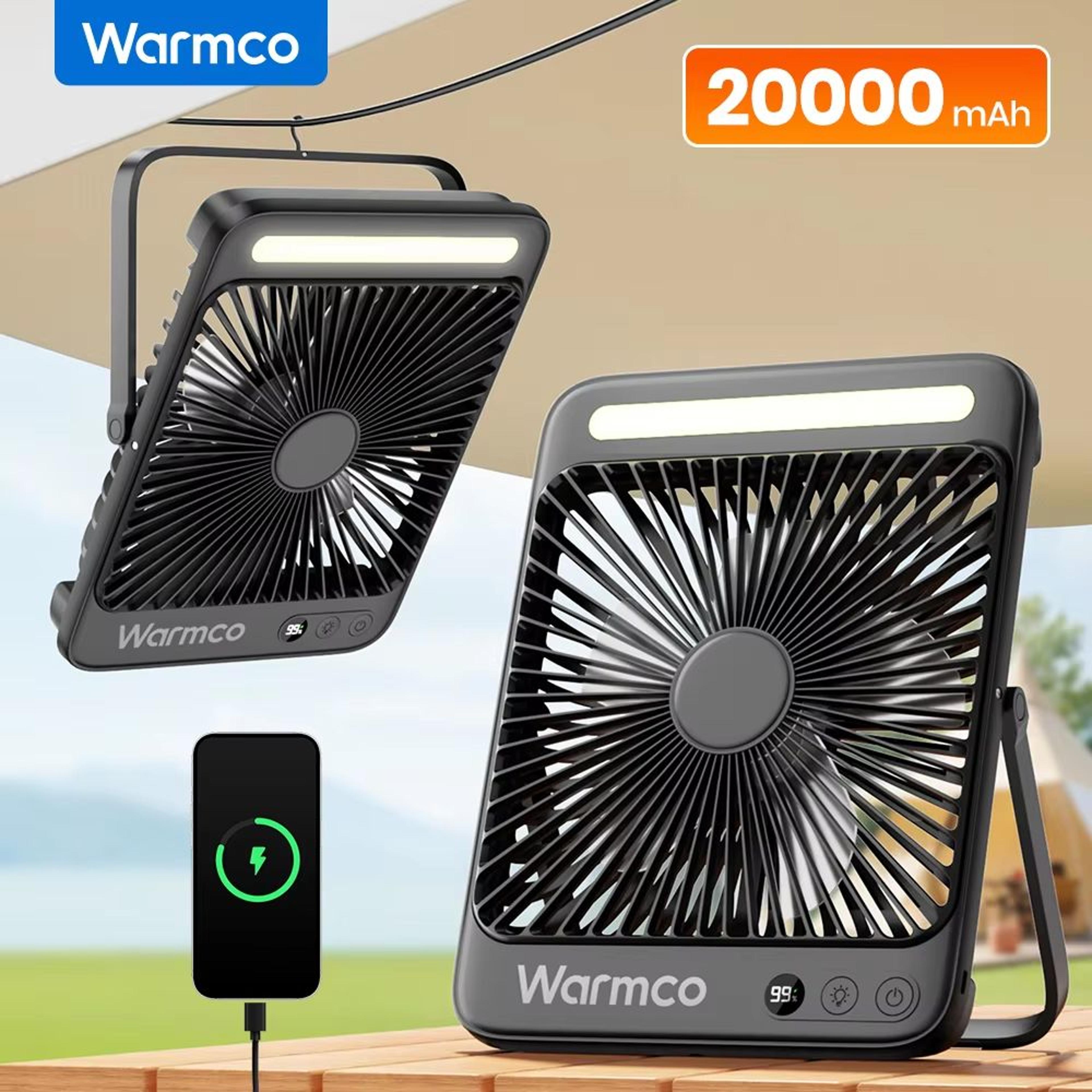 warmco d4 rechargeable camping fan with led light – 20000mah battery, 48h runtime & quiet 8 cooling powers