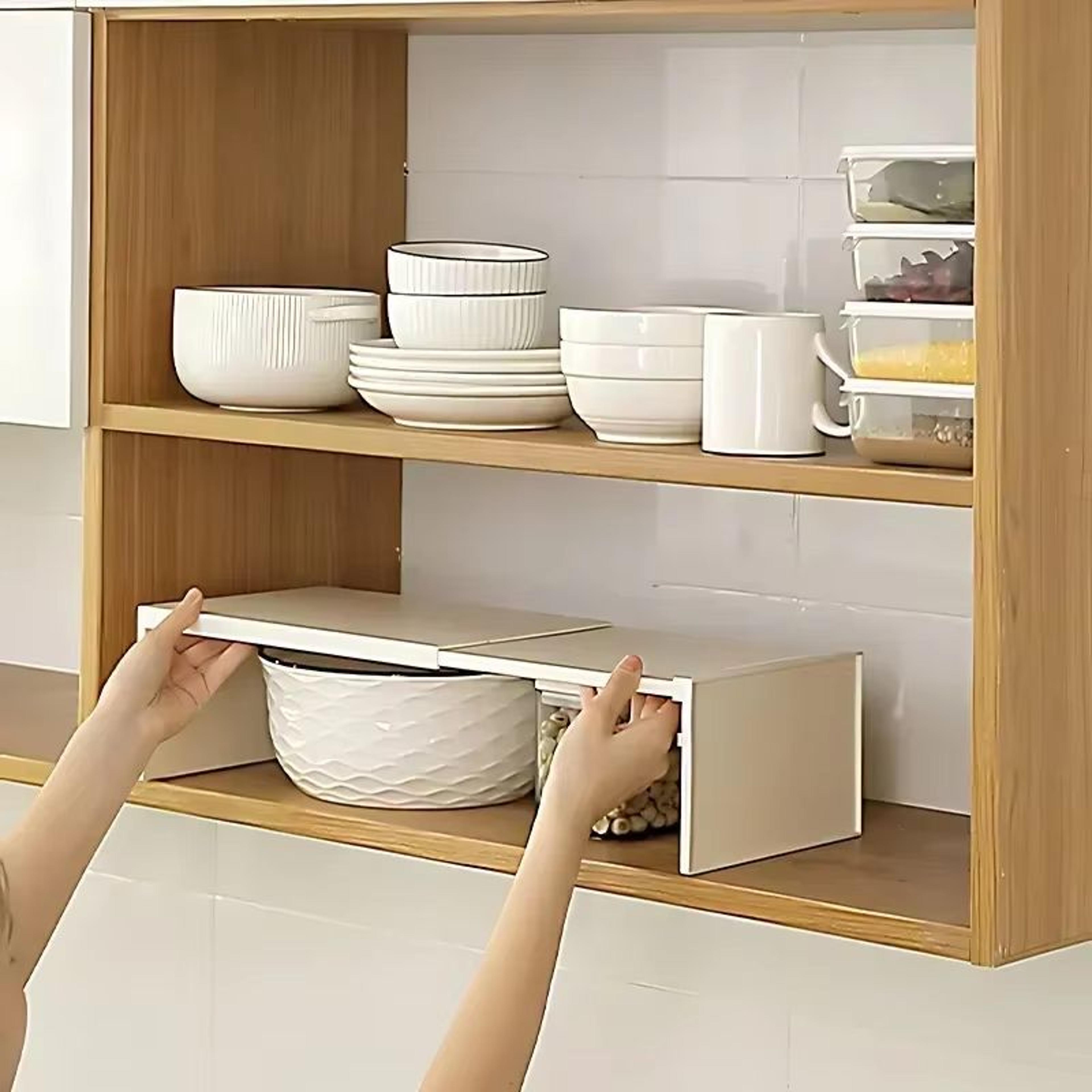 spaceease retractable kitchen cabinet organizer – adjustable shelf & spice rack for cupboards, bottles, and dishes