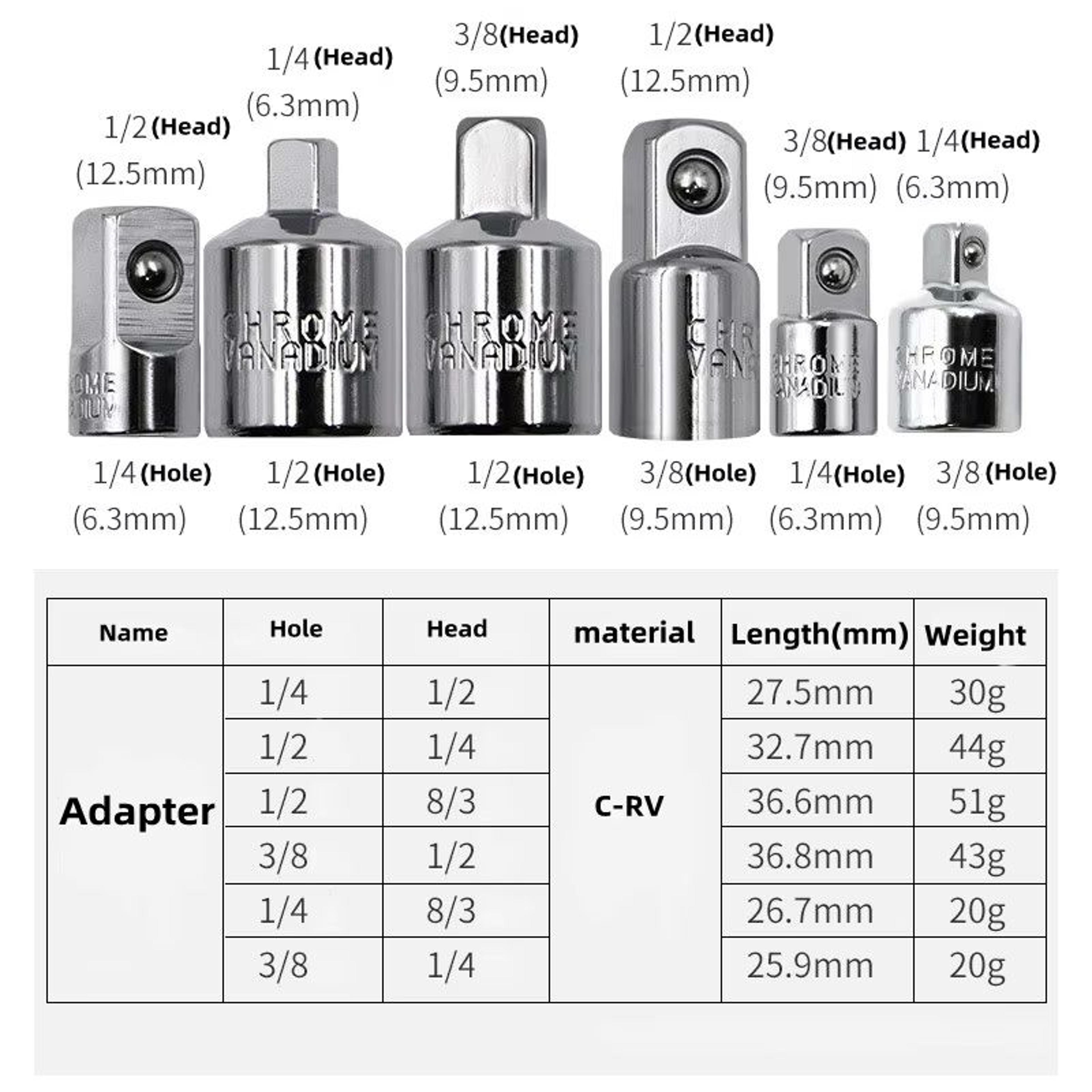 CRV Chrome Vanadium Steel Socket Adapter Set  12 To 38 To 14 Ratchet Wrench Converter 1