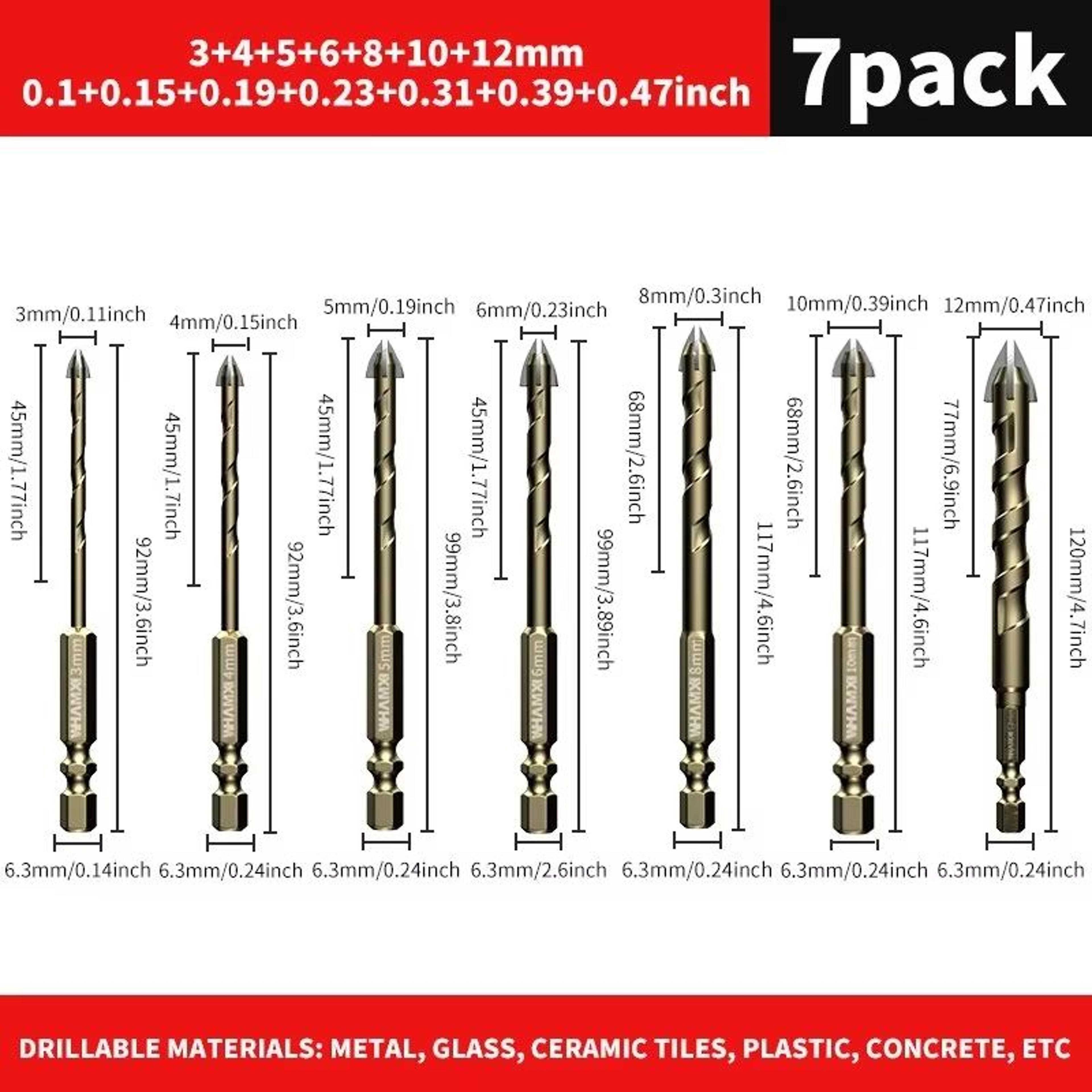 Tungsten Carbide Tile Drill Bit Set  312mm Cross Hex Hard Alloy Bits For Glass Ceramic  Concrete 7