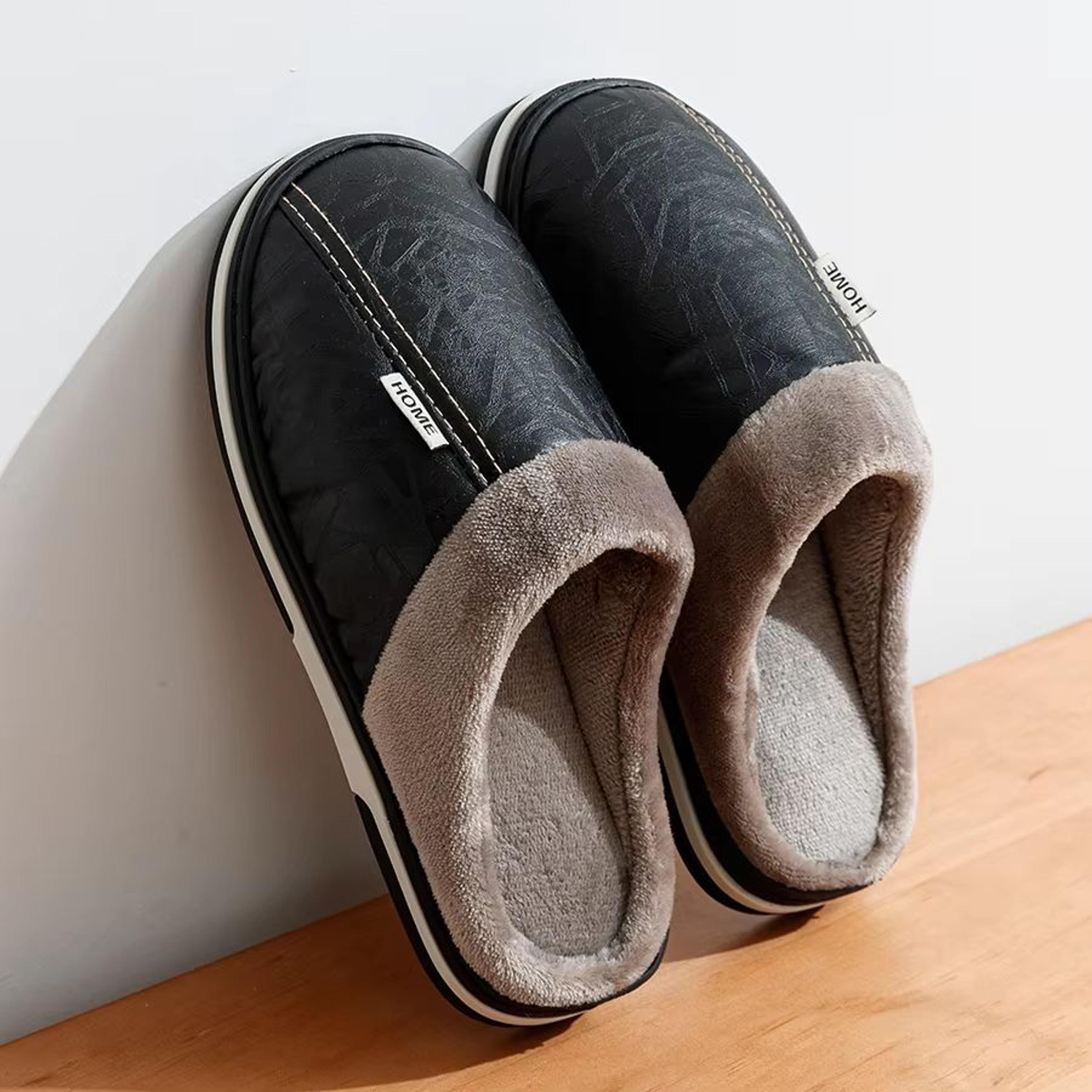 UltimateWarm PU Leather Waterproof Winter Slippers  Big Size Mens Indoor Home FurLined Shoes 3