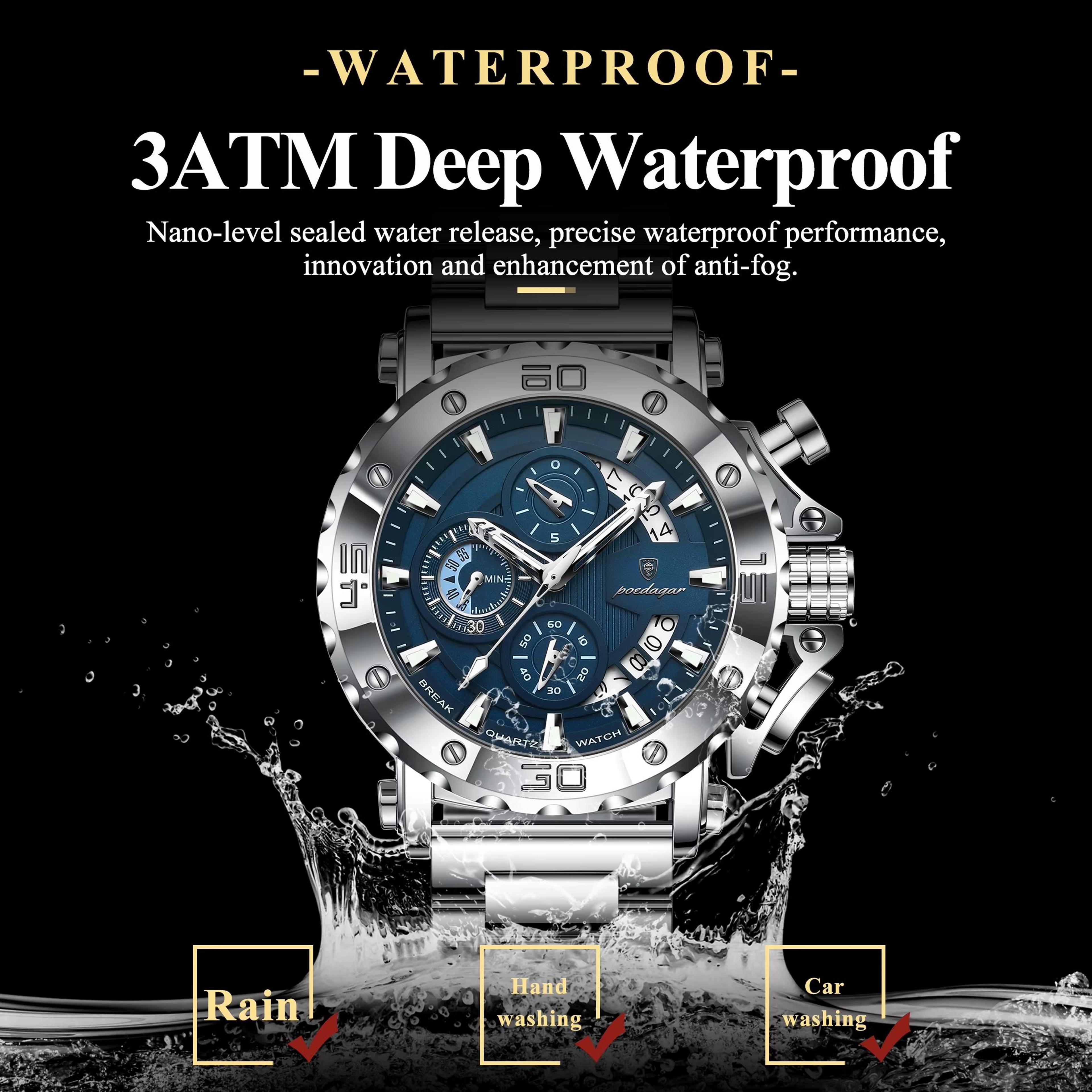 POEDAGAR Luxury Mens Stainless Steel Chronograph Watch Waterproof Luminous Calendar Quartz 2