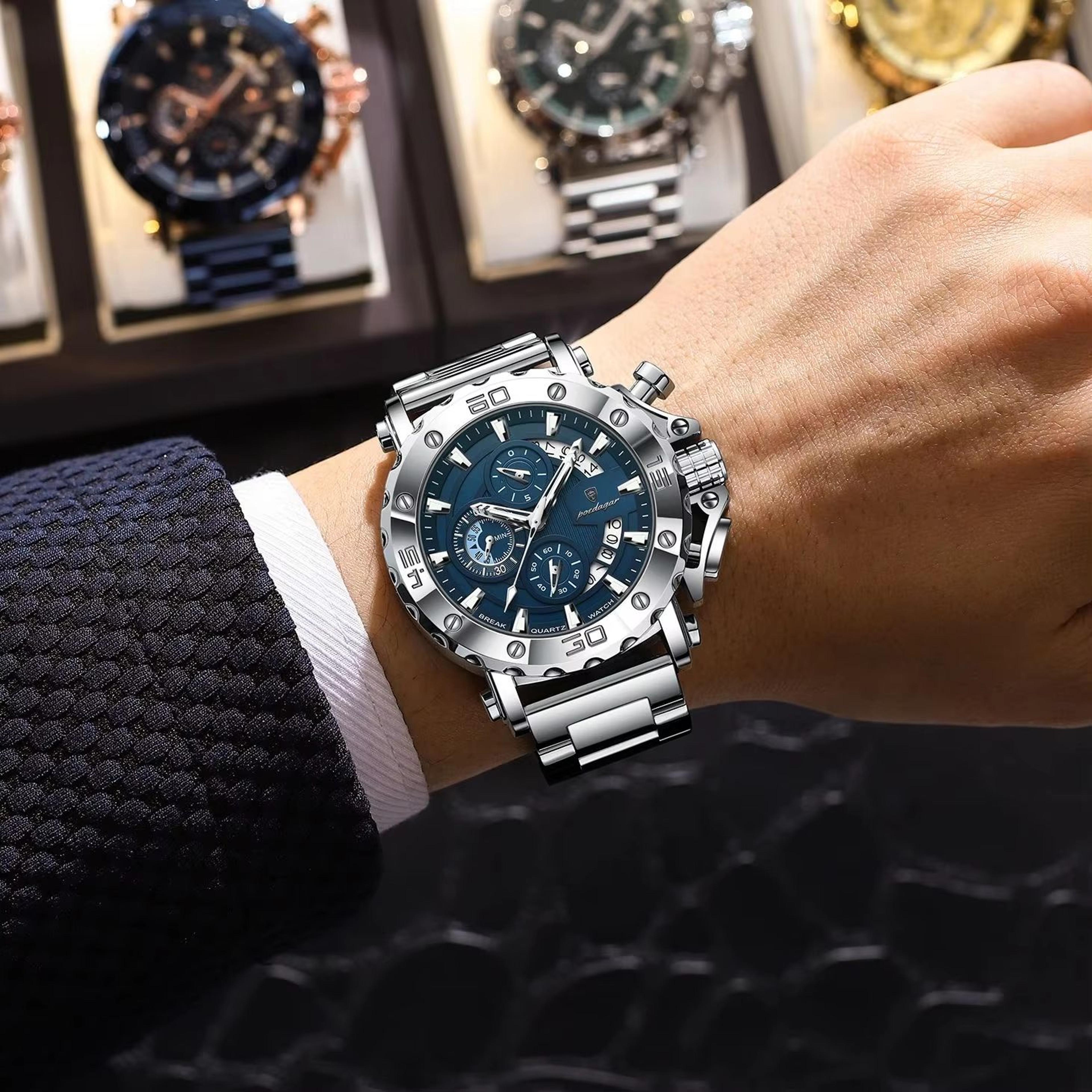 POEDAGAR Luxury Mens Stainless Steel Chronograph Watch Waterproof Luminous Calendar Quartz 5