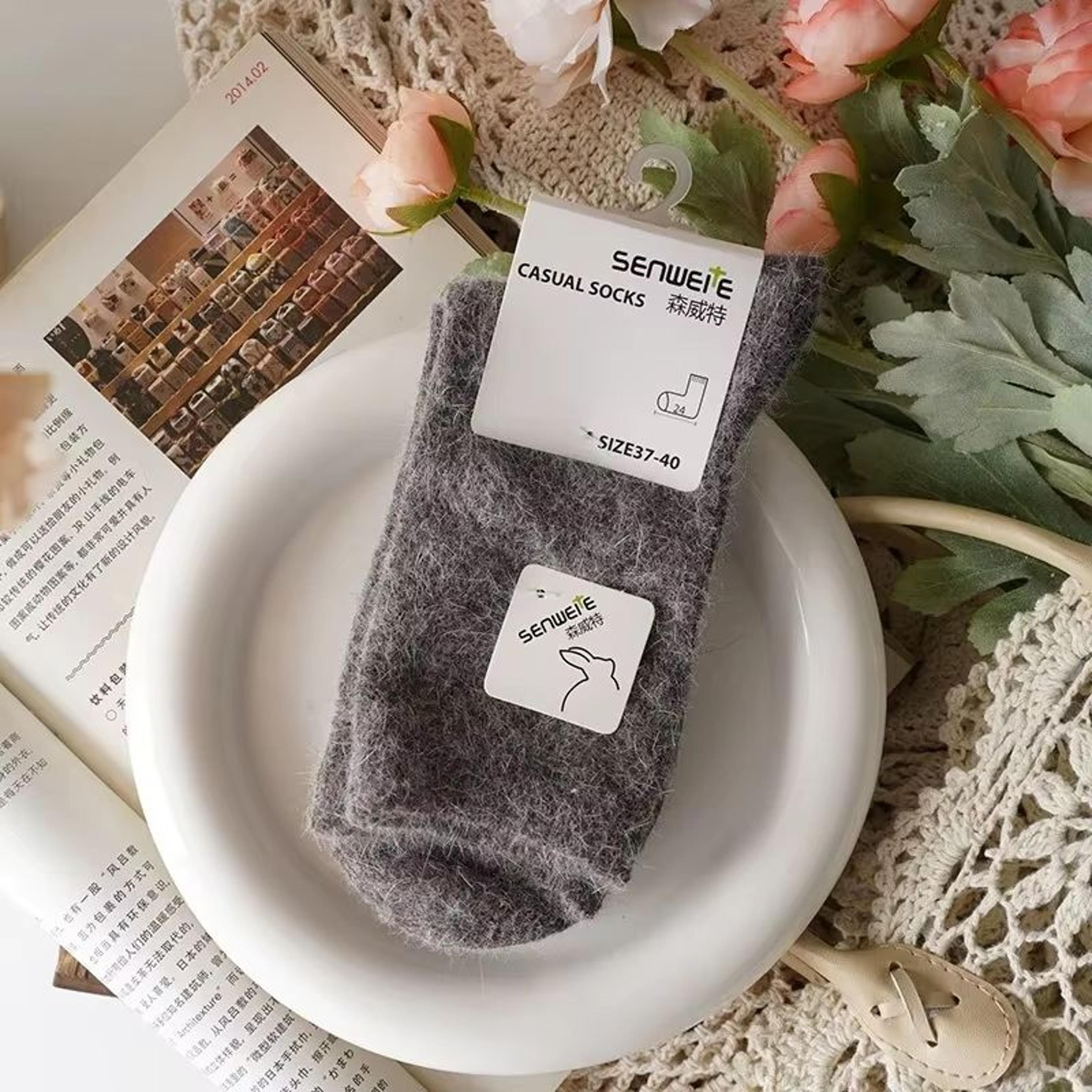 Thickened Wool  Rabbit Hair Winter Socks For Women  Medium Tube CashmereBlend Warmth Black 9