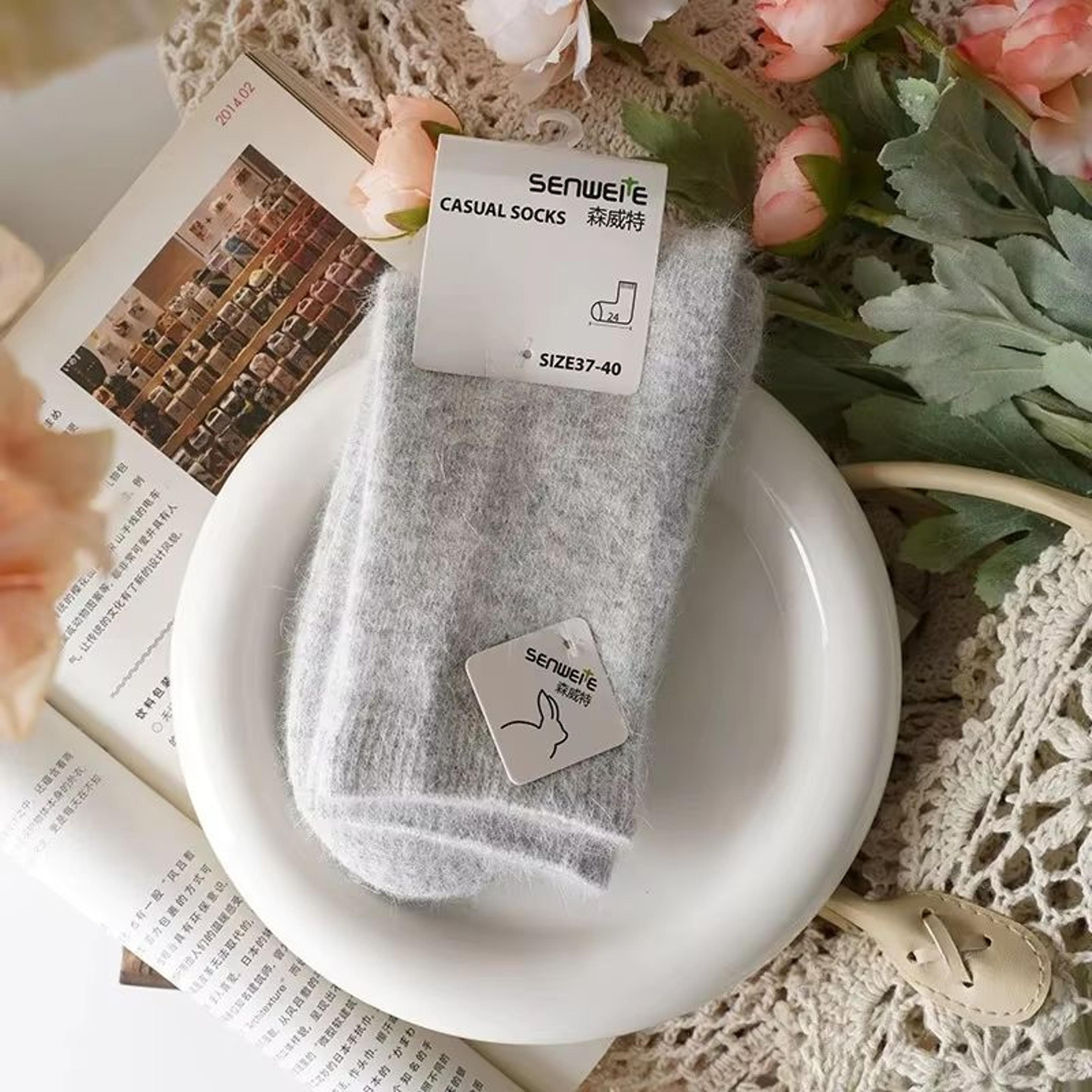 Thickened Wool  Rabbit Hair Winter Socks For Women  Medium Tube CashmereBlend Warmth Black 6