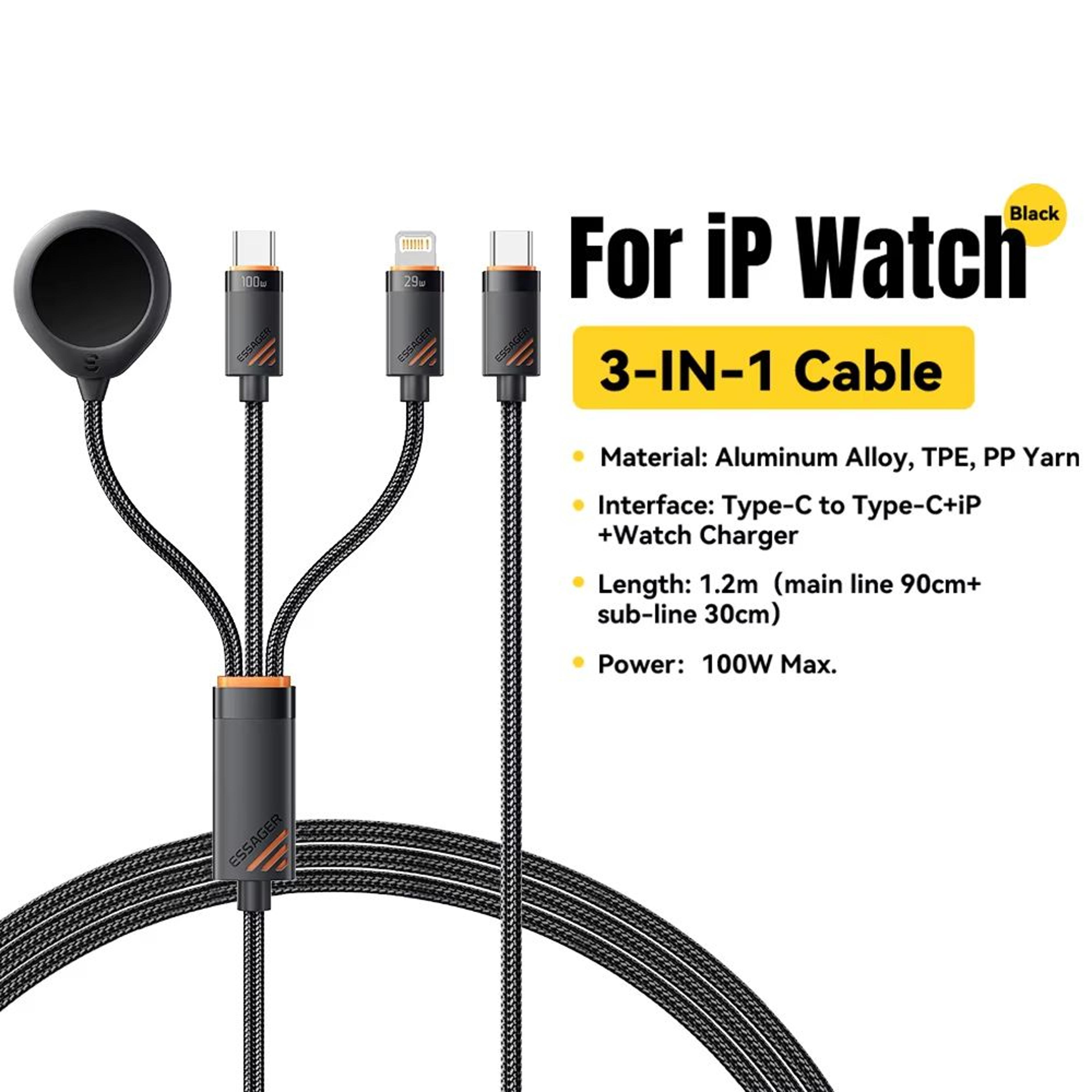 ESSAGER 3in1 100 W MultiConnector Fast Charging Cable  USBC Lightning  MicroMulti For IPhone IWatch 6