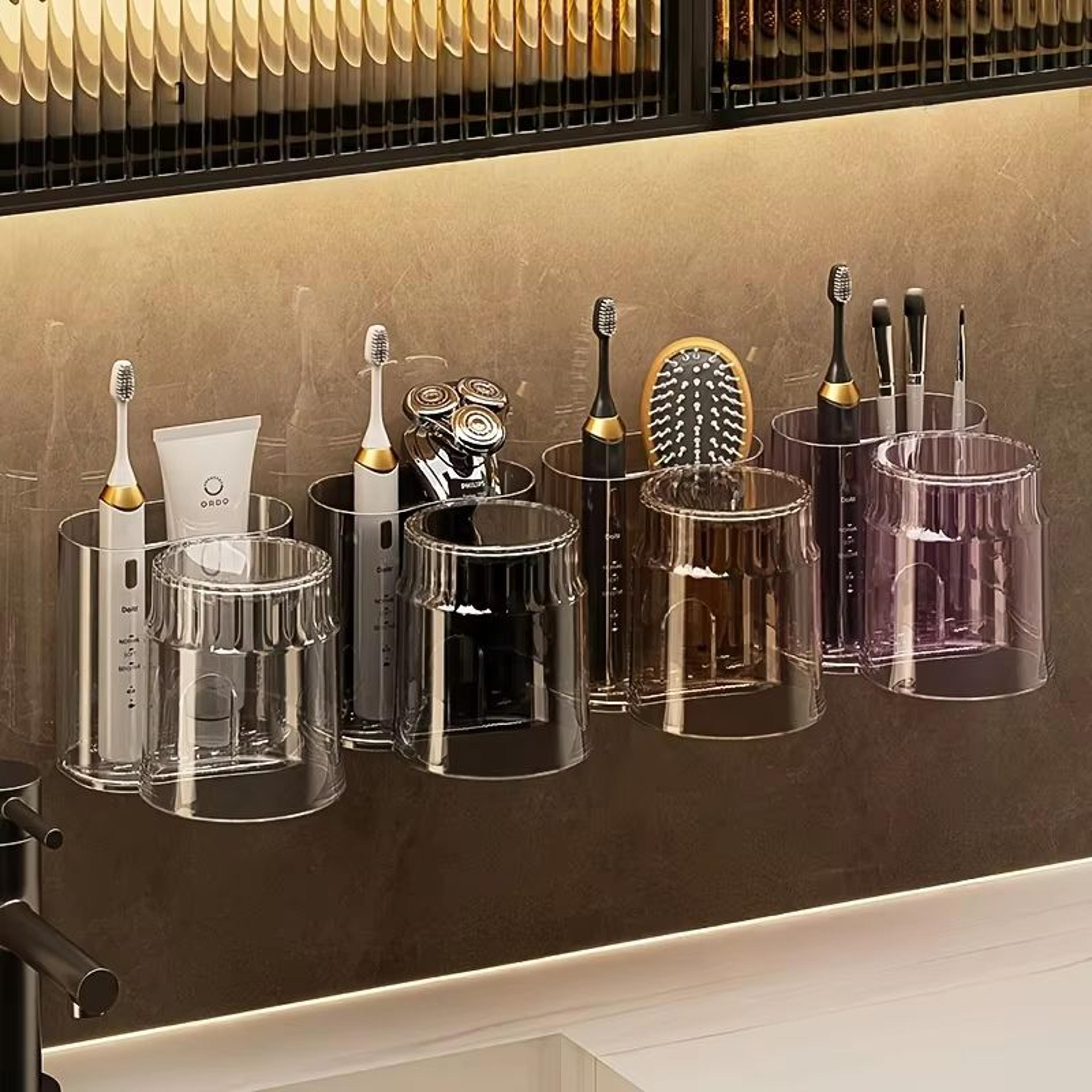 2PCS Set Toothbrush Holder With Mouthwash Cup  WallMounted Bathroom Storage Rack 4