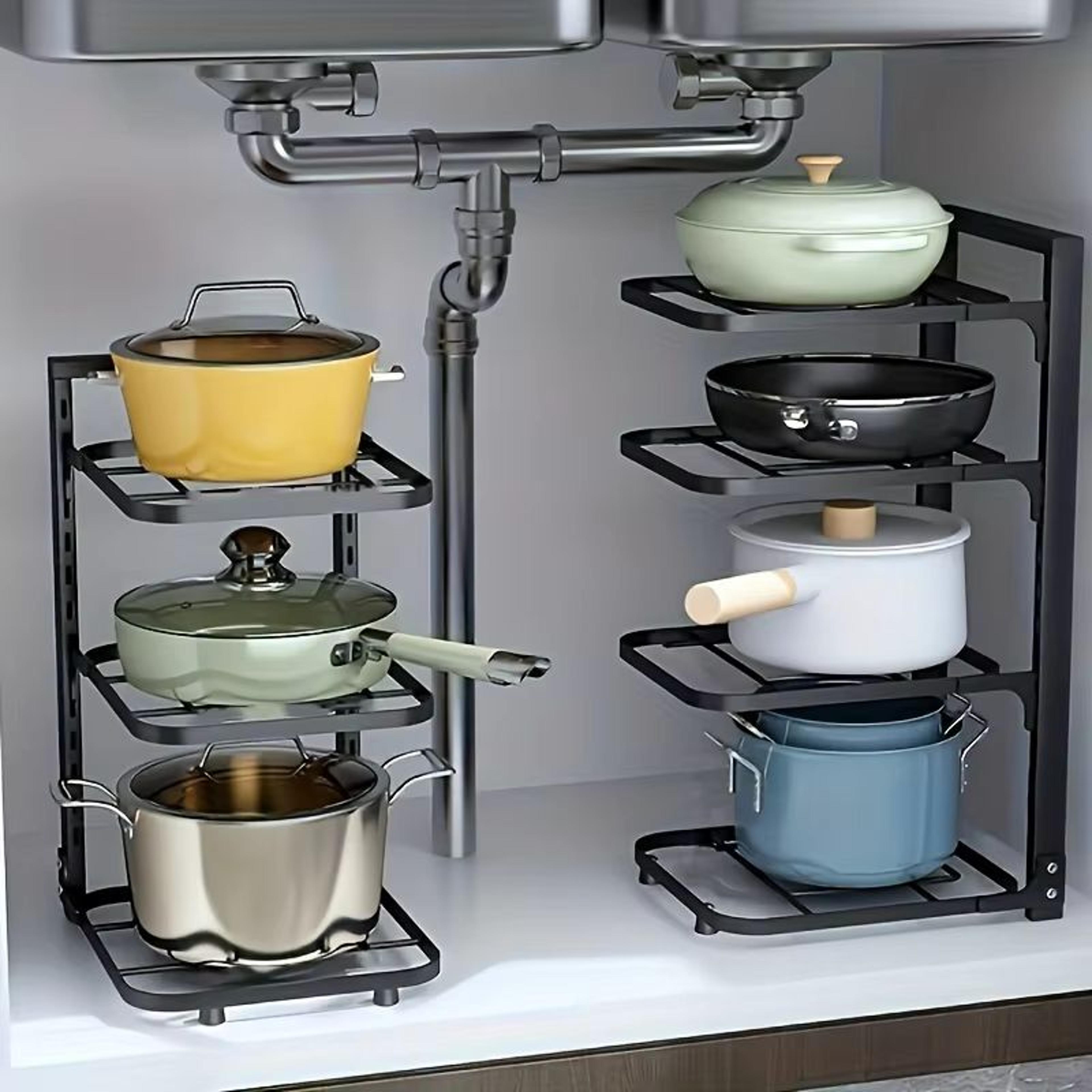 Adjustable MultiLayer Stainless Steel Pot  Pan Organizer  Kitchen Cabinet  Countertop Storage Rack 1